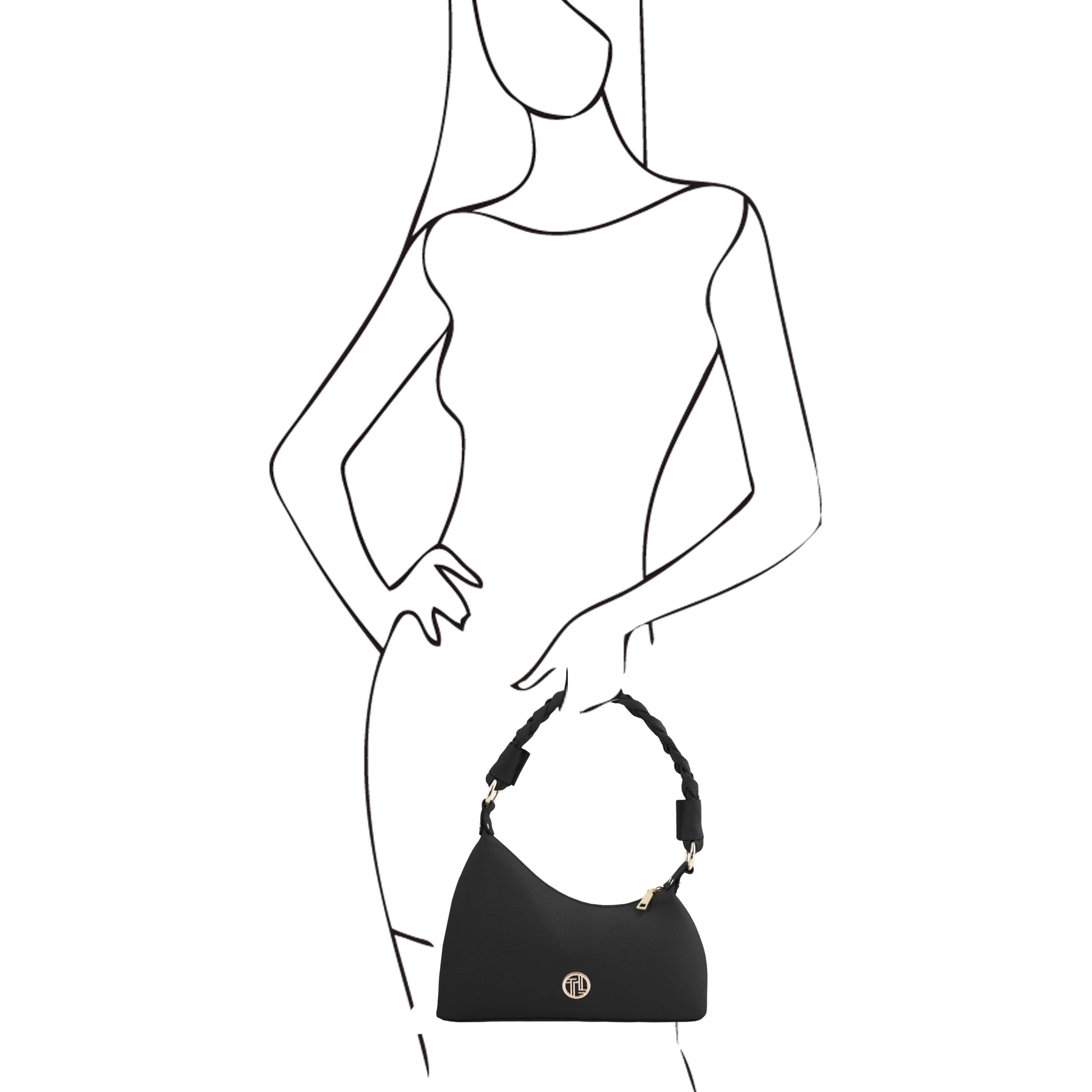 Black on white sketch of model holding the Sophie Italian Leather Shoulder Bag in Black