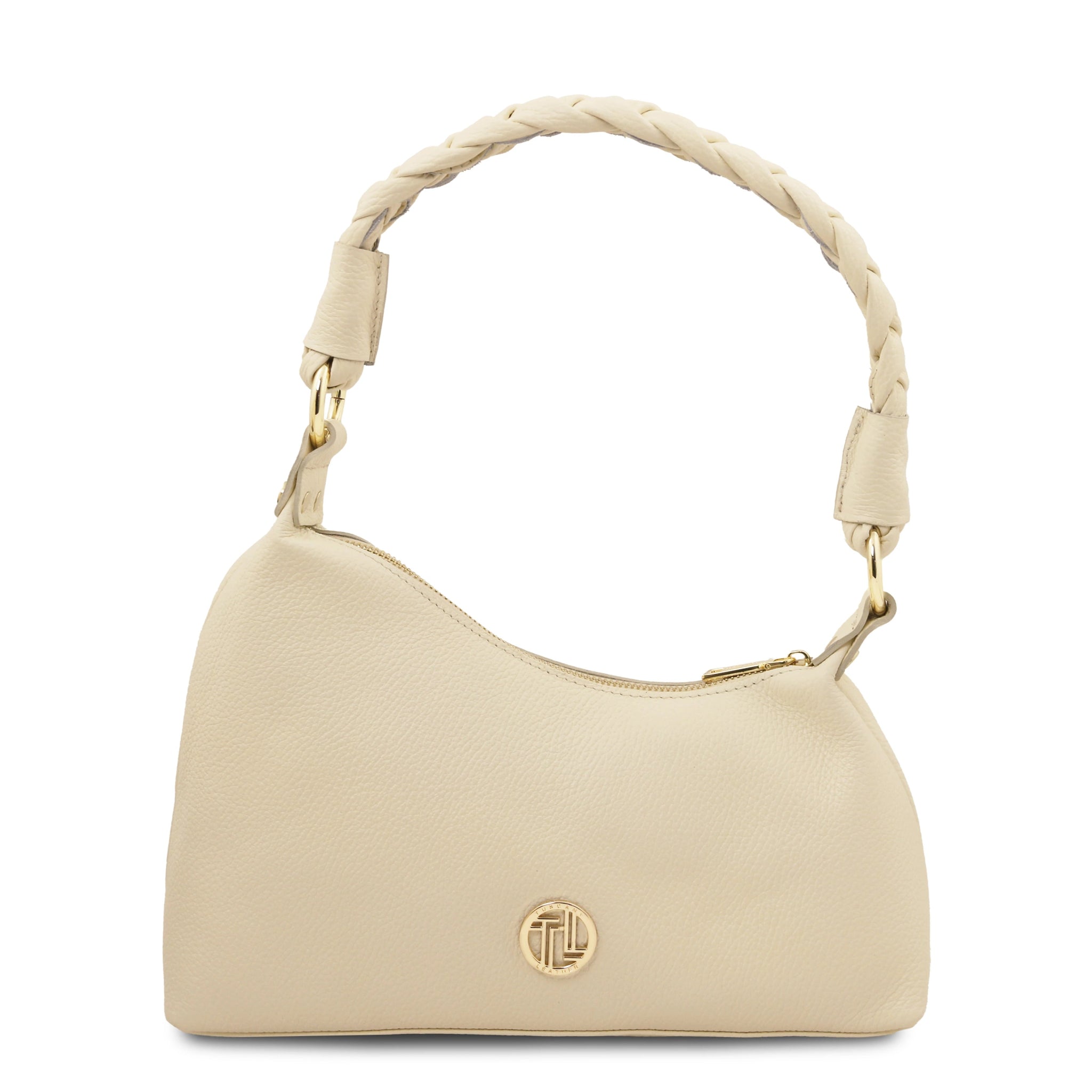 Front view Sophie Italian Leather Shoulder Bag in beige showing braided handle and gold hardware and TL logo