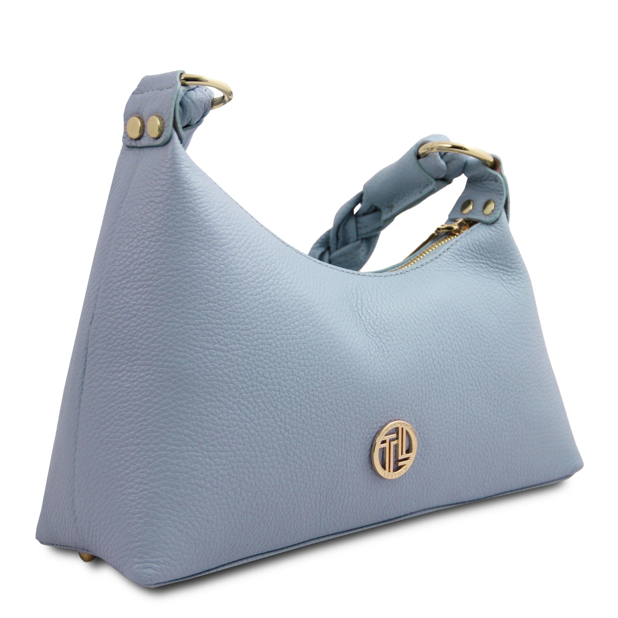 Front side view Sophie Italian Leather Shoulder Bag in light blue showing the sculpted shape of bag