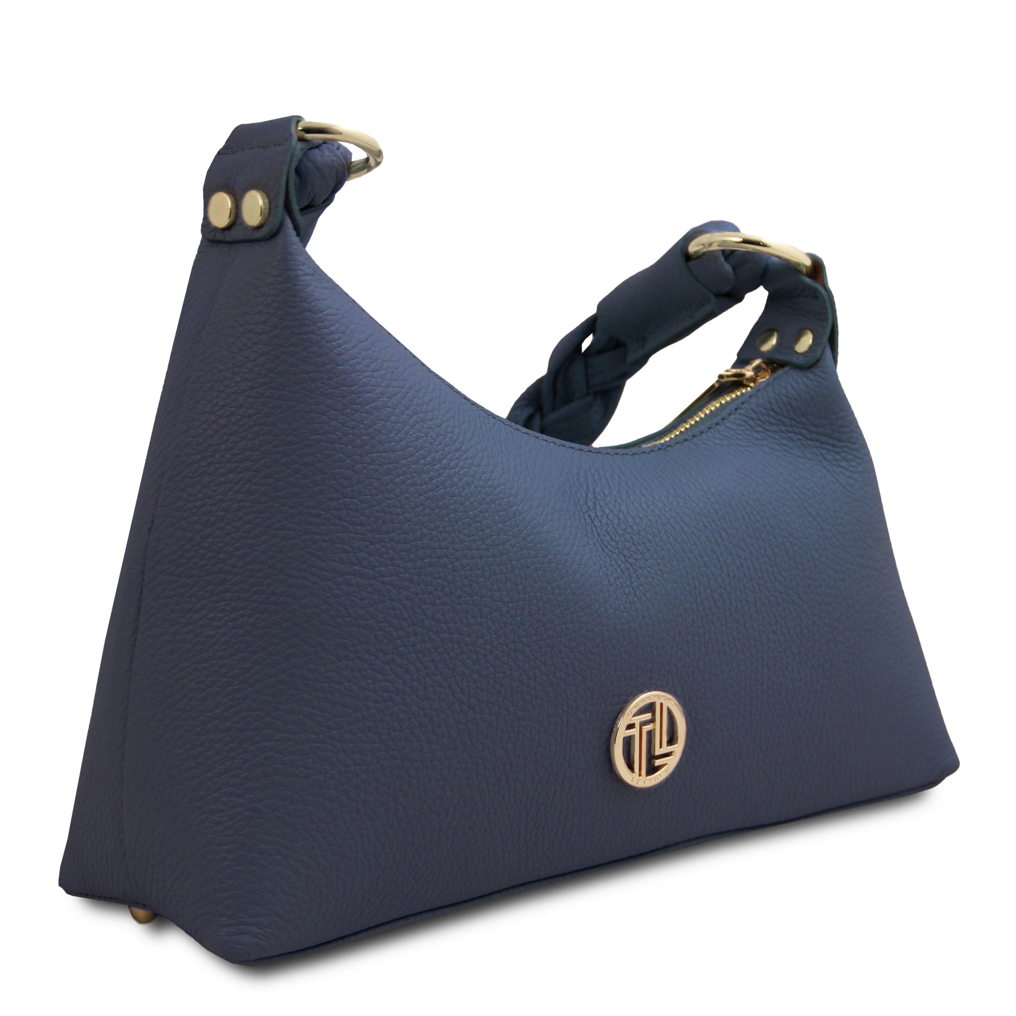 Front side view Sophie Italian Leather Shoulder Bag in blue showing the sculpted shape of bag