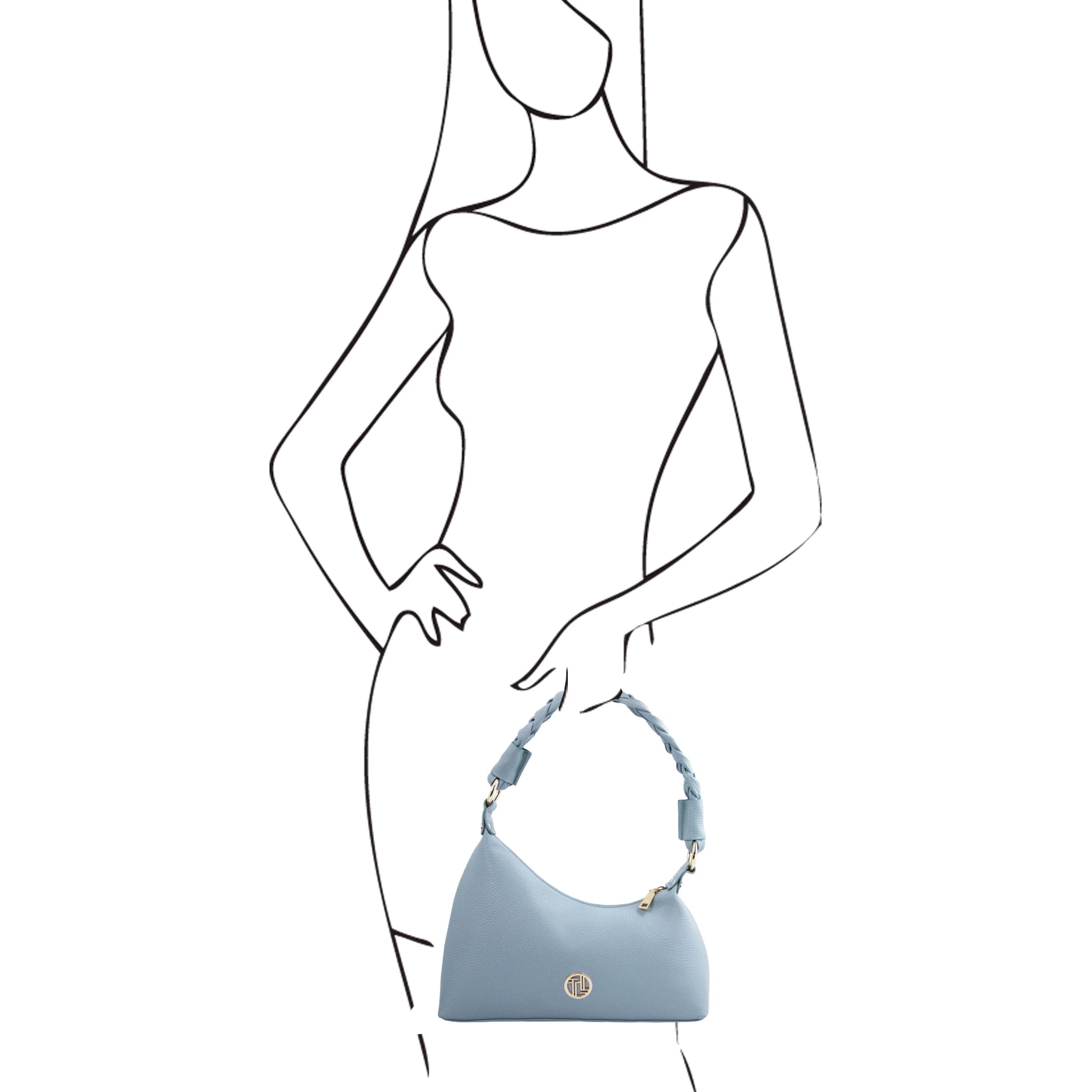 Black on white sketch of model holding the Sophie Italian Leather Shoulder Bag in Light Blue
