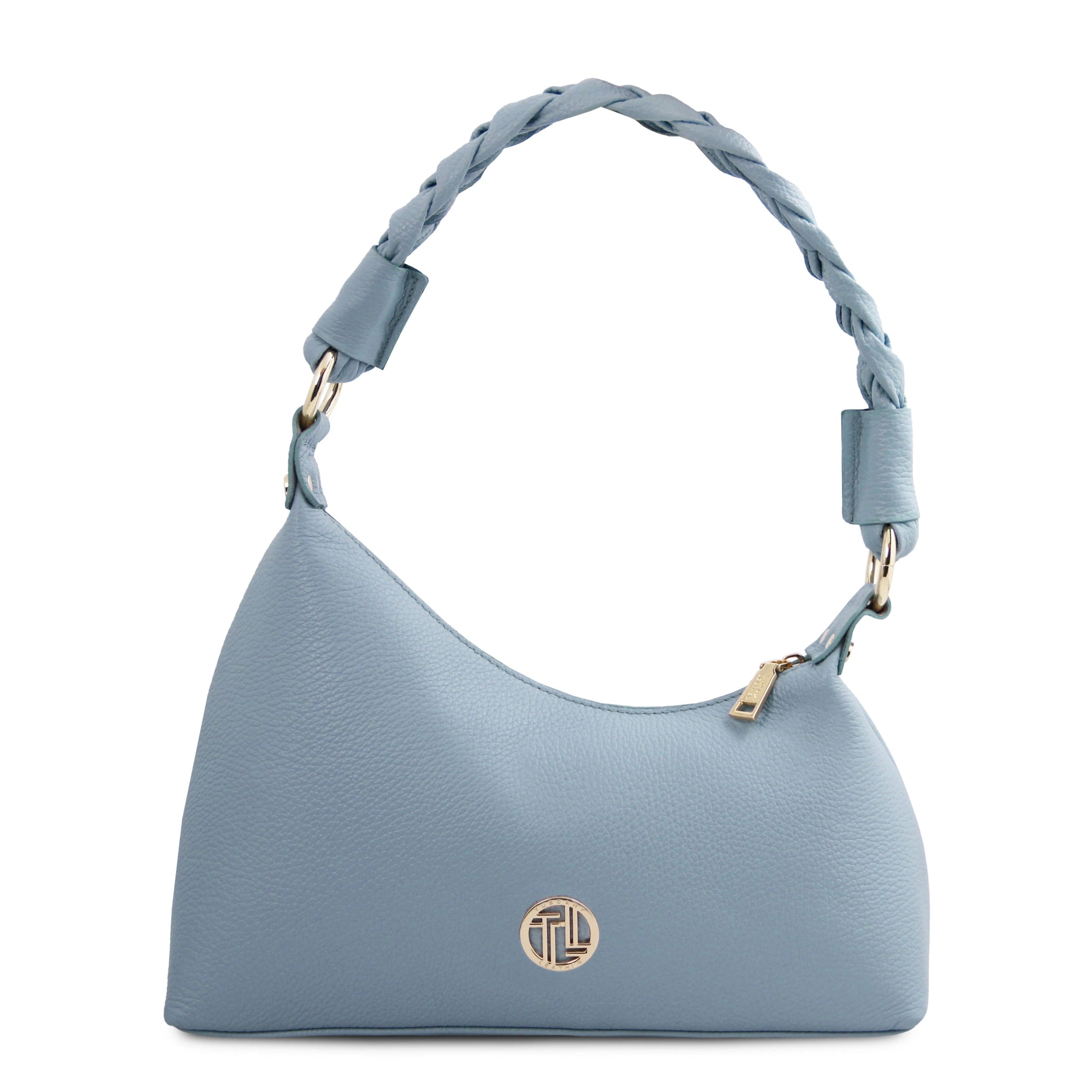 Front view Sophie Italian Leather Shoulder Bag in light blue showing braided handle and gold hardware and TL logo