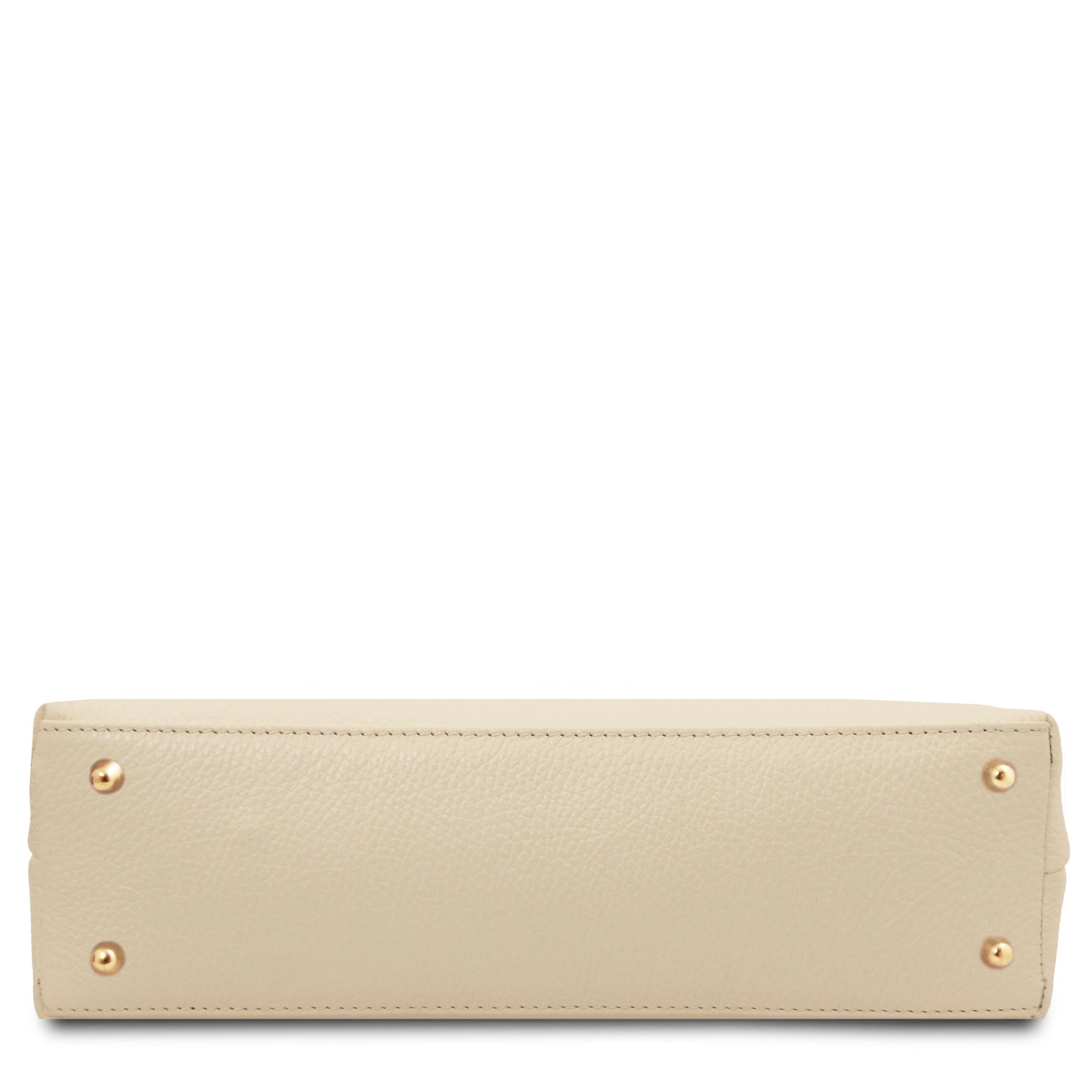 Bottom view Sophie Italian Leather Shoulder Bag in beige showing four protective gold feet
