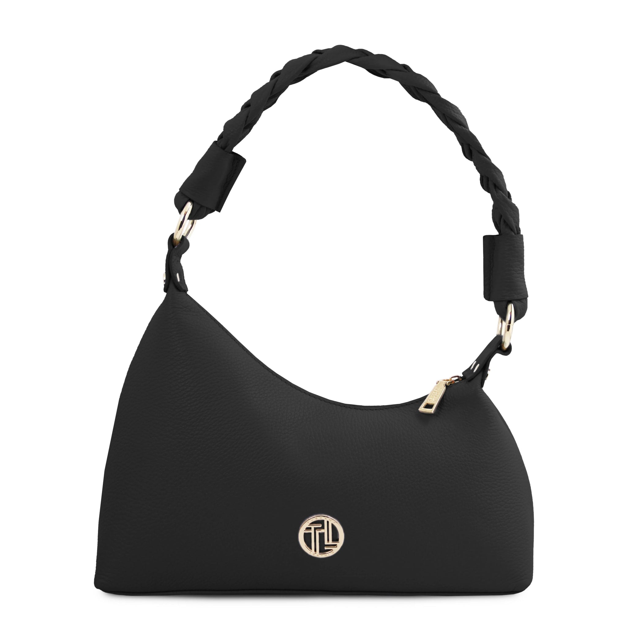 Front view Sophie Italian Leather Shoulder Bag in black showing braided handle and gold hardware and TL logo