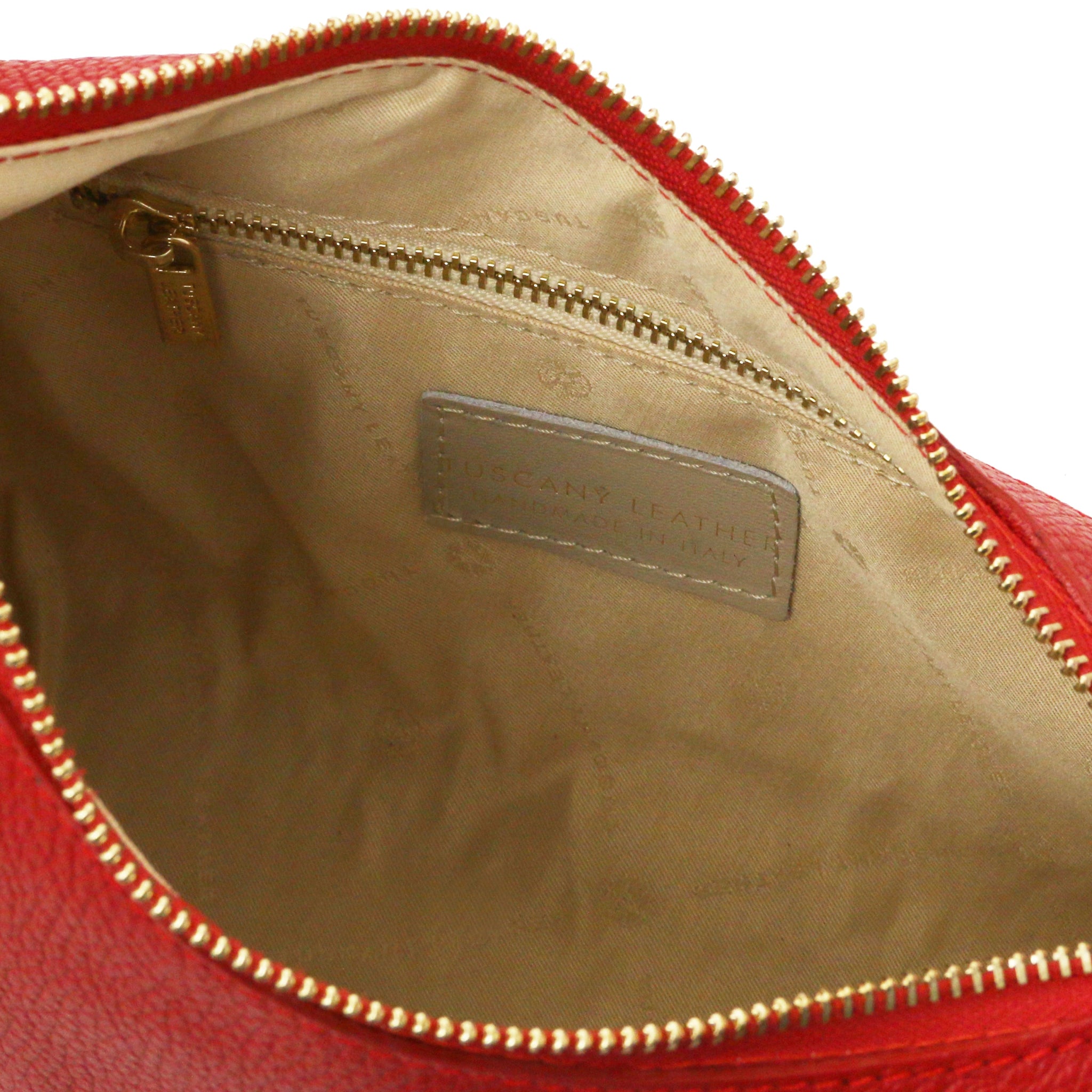 Interior zip pocket view Sophie Italian Leather Shoulder Bag in red showing beige lining