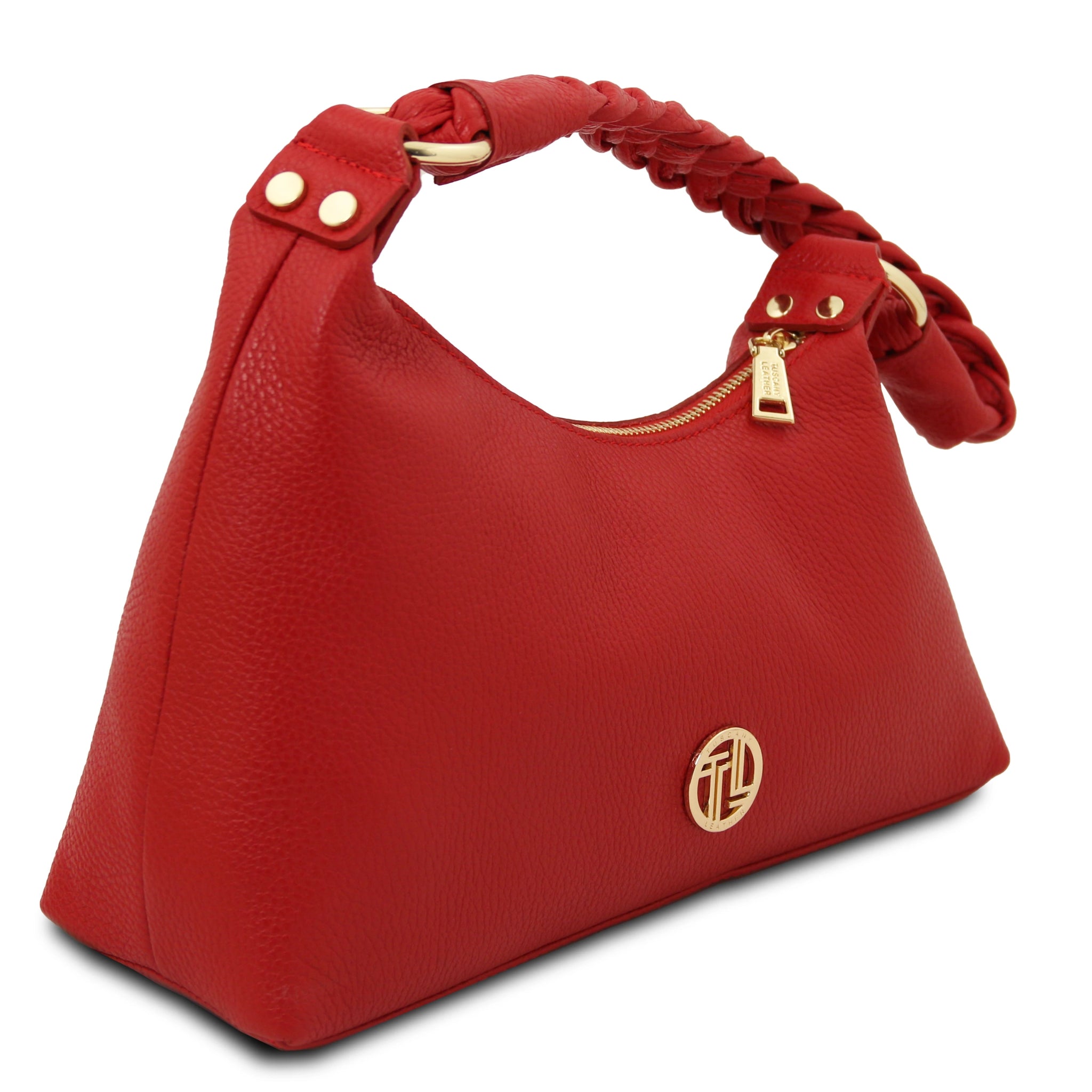 Front side view Sophie Italian Leather Shoulder Bag in red showing the sculpted shape of bag