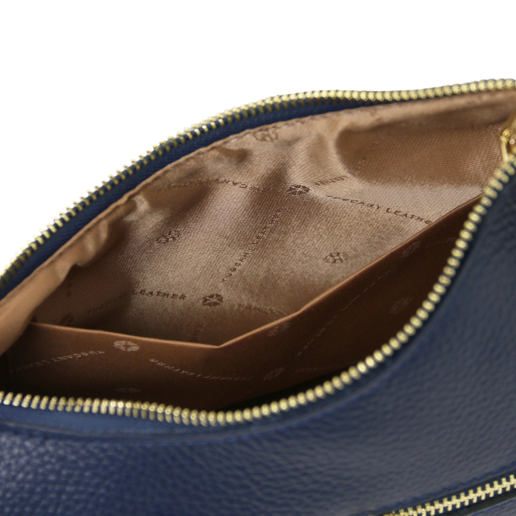 Interior open pocket view Sophie Italian Leather Shoulder Bag in blue showing tan lining