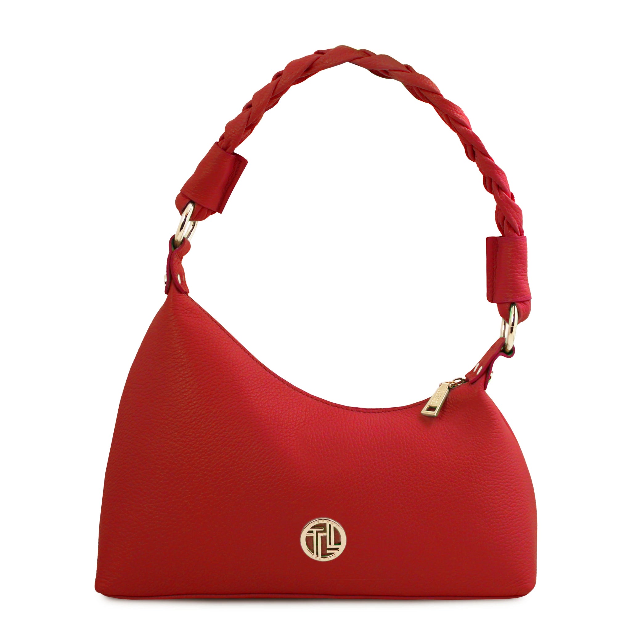 Front view Sophie Italian Leather Shoulder Bag in red showing braided handle and gold hardware and TL logo