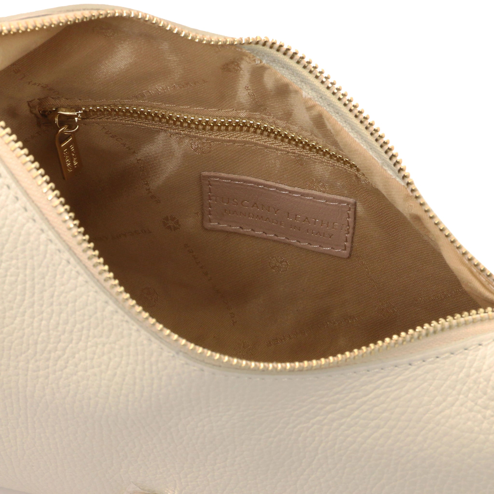 Interior zip pocket view Sophie Italian Leather Shoulder Bag in light beige showing tan ining