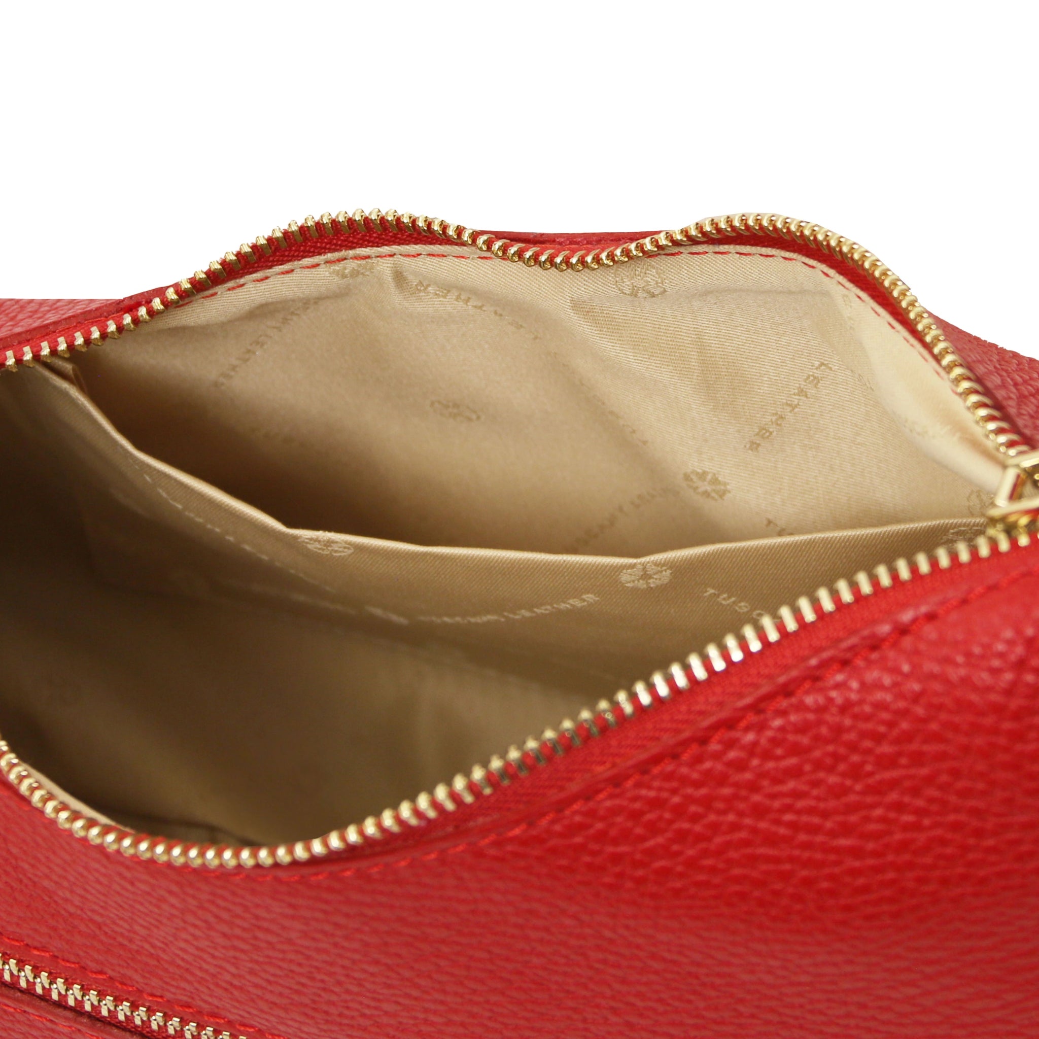 Interior open pocket view Sophie Italian Leather Shoulder Bag in red showing beige lining