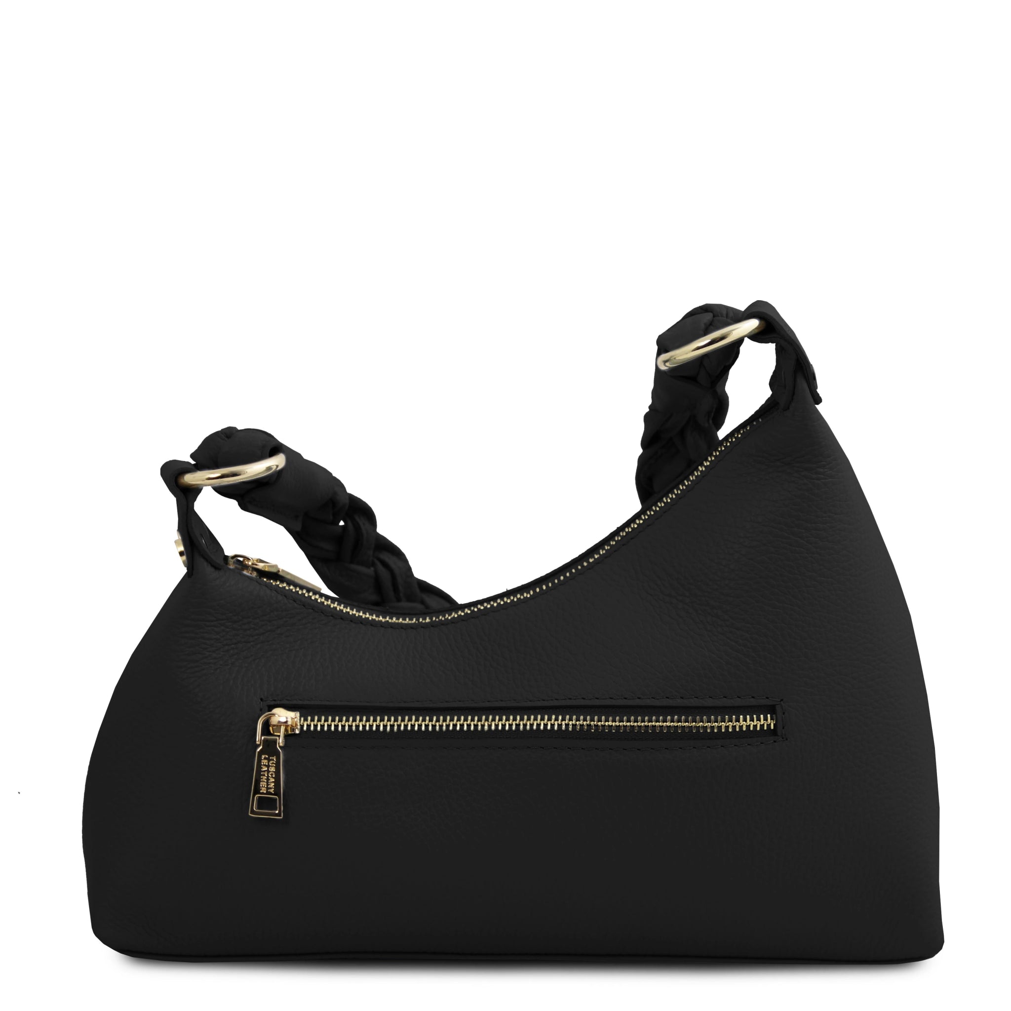 Back view Sophie Italian Leather Shoulder Bag in black showing braided handle and gold exterior zipper pocket
