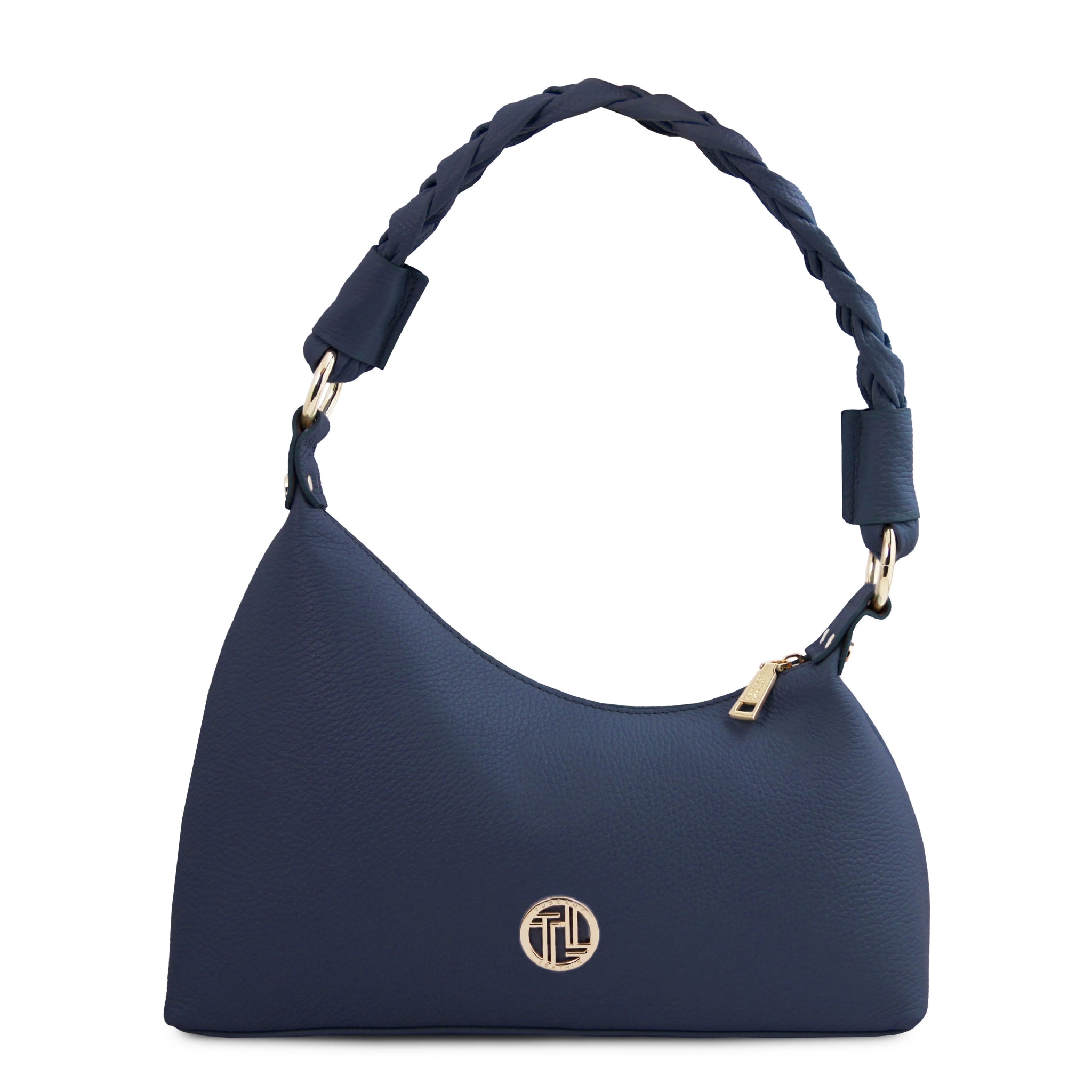 Front view Sophie Italian Leather Shoulder Bag in blue showing braided handle and gold hardware and TL logo