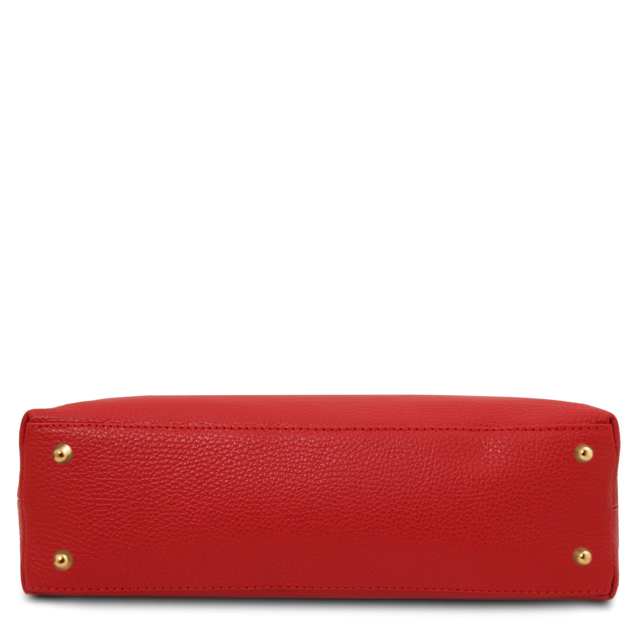 Bottom view Sophie Italian Leather Shoulder Bag in red showing four protective gold feet