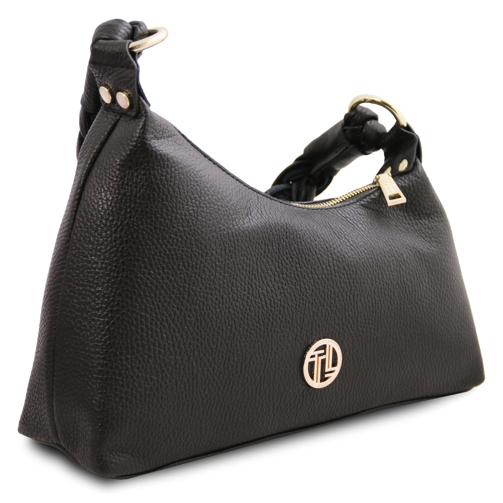Front side view Sophie Italian Leather Shoulder Bag in black showing the sculpted shape of bag