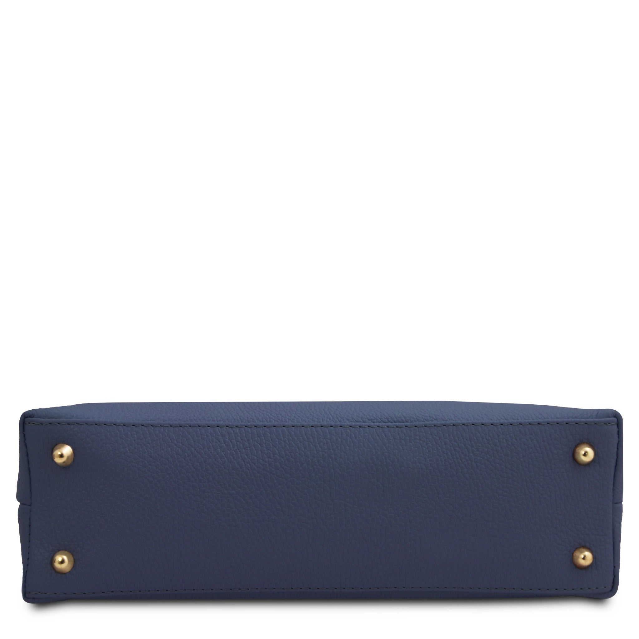 Bottom view Sophie Italian Leather Shoulder Bag in blue showing four protective gold feet