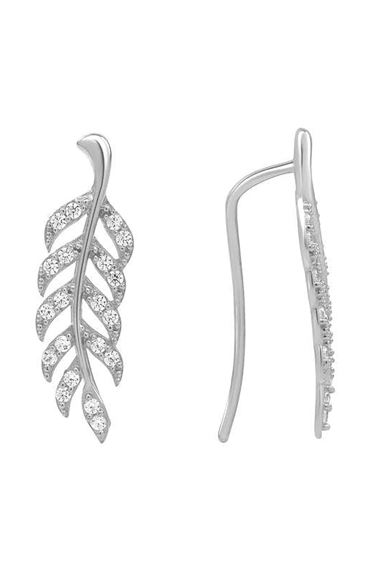 Sparkling White Gold Leaf Crawler Cubic Zirconia Earrings on a white background, you can closely see the CZ accents