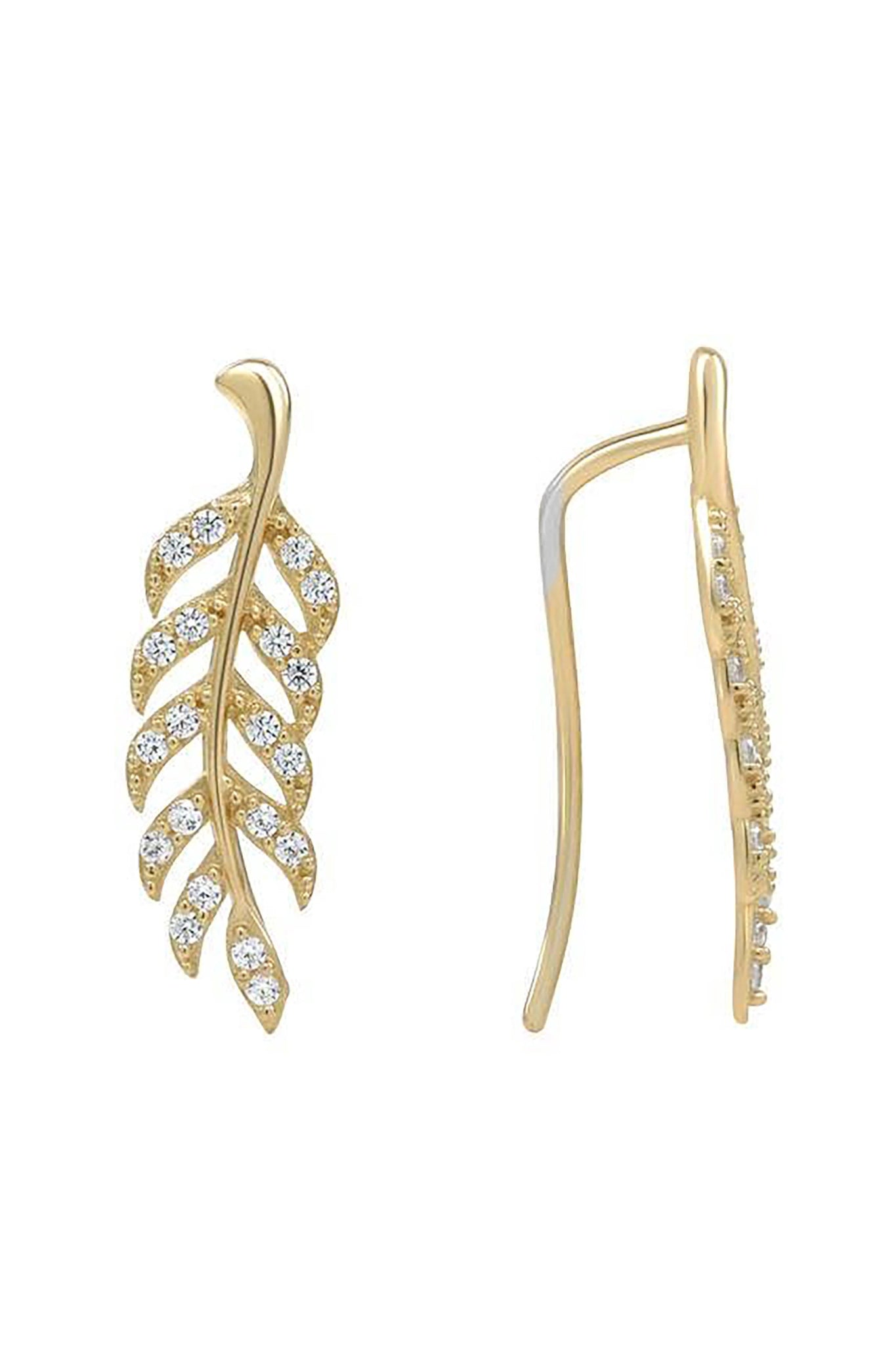 Sparkling Solid Gold Leaf Crawler Cubic Zirconia Earrings on a white background, you can closely see the CZ accents