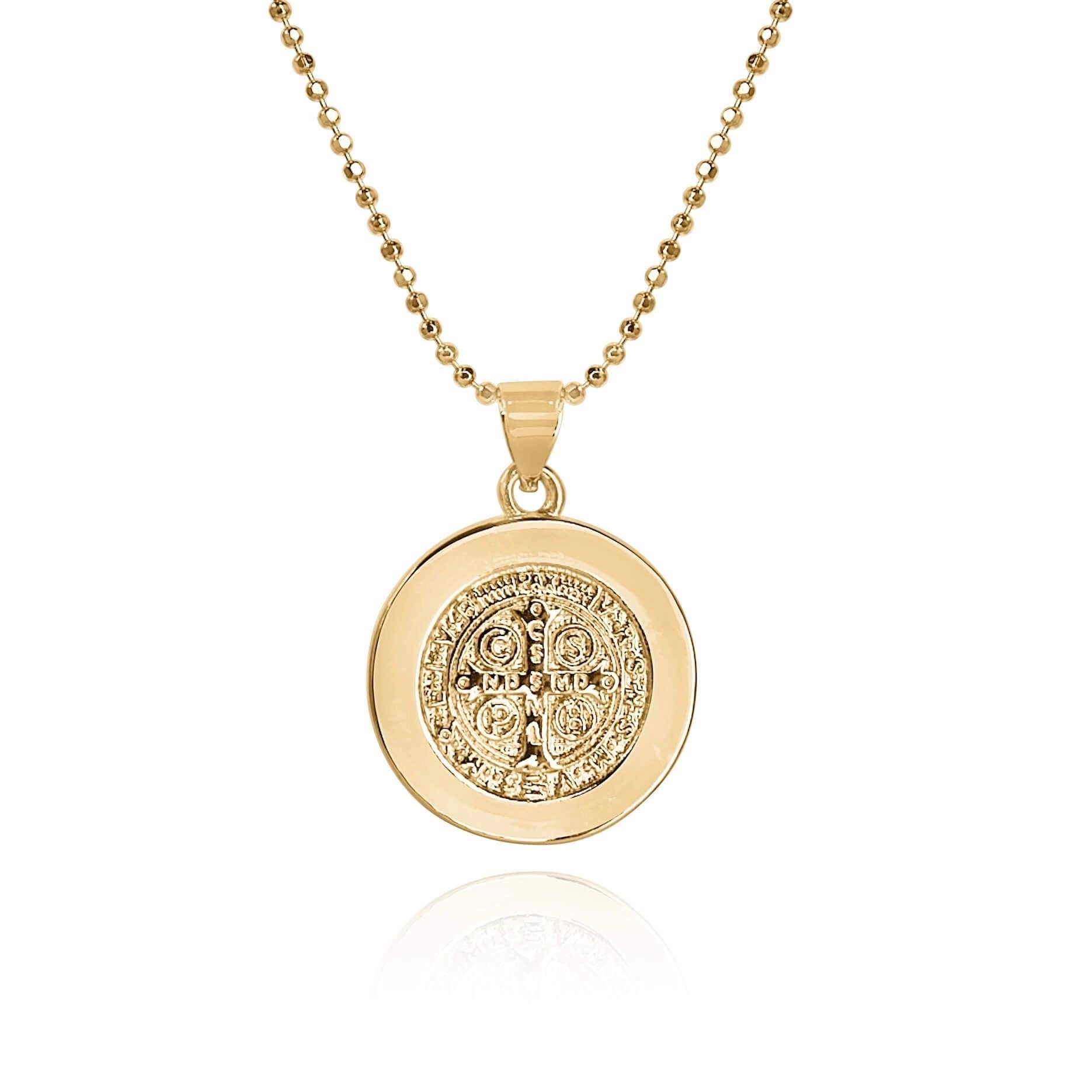 Reverse side of St. Benedict Coin Pendant with thick gold border and all gold design