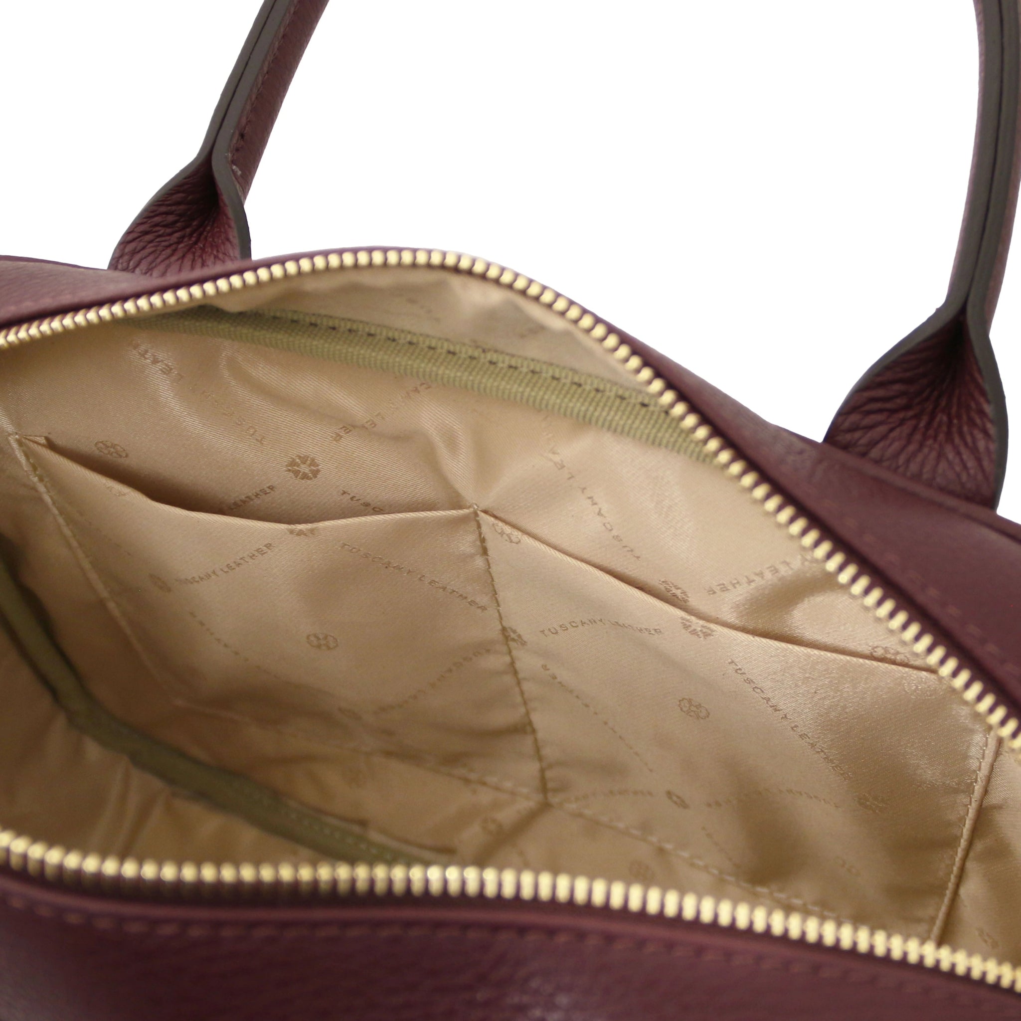 Interior open pockets view Stephany Italian Suede Leather Handbag in Bordeaux