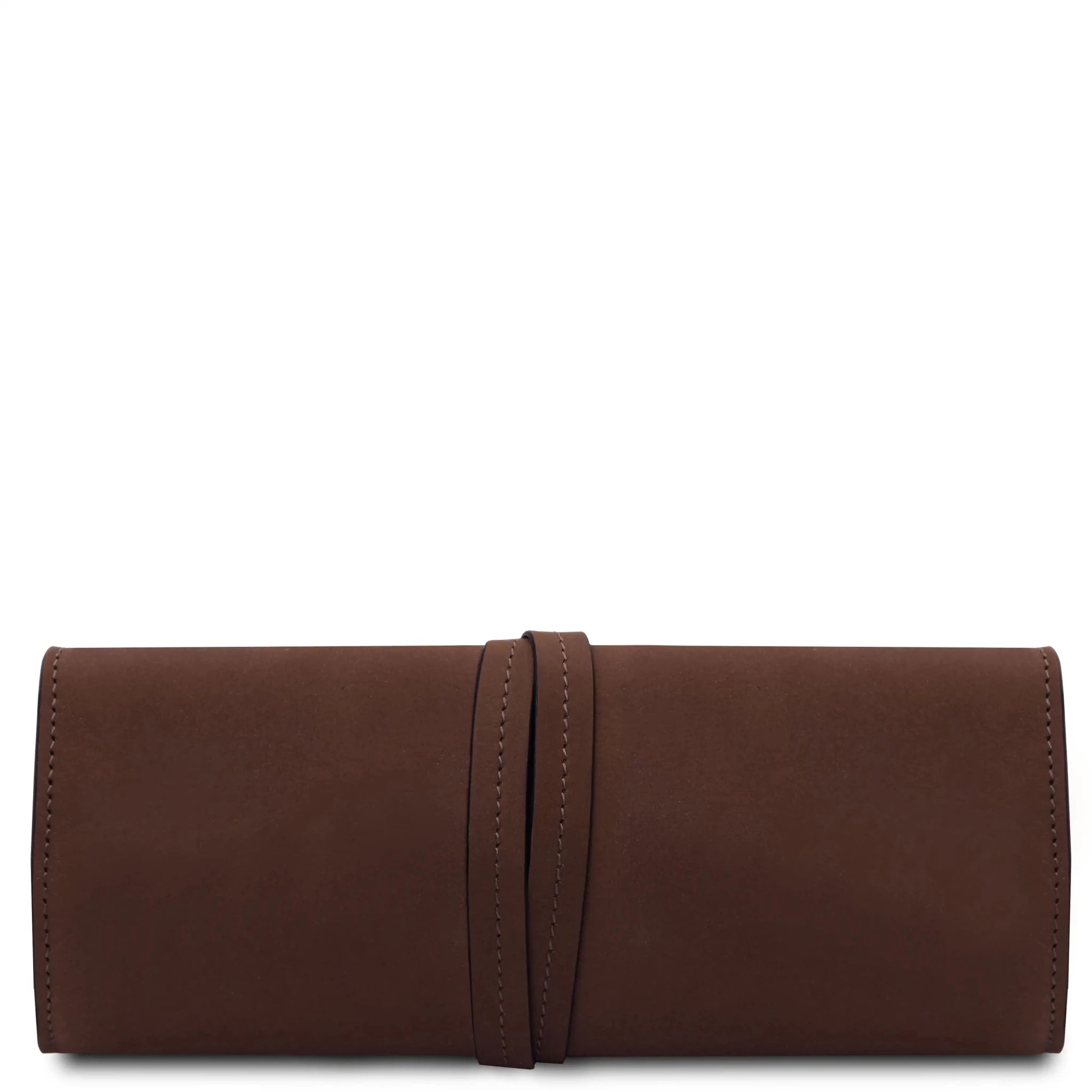 Back wrapped tie closure view Structured Italian Leather Jewelry Case in dark brown