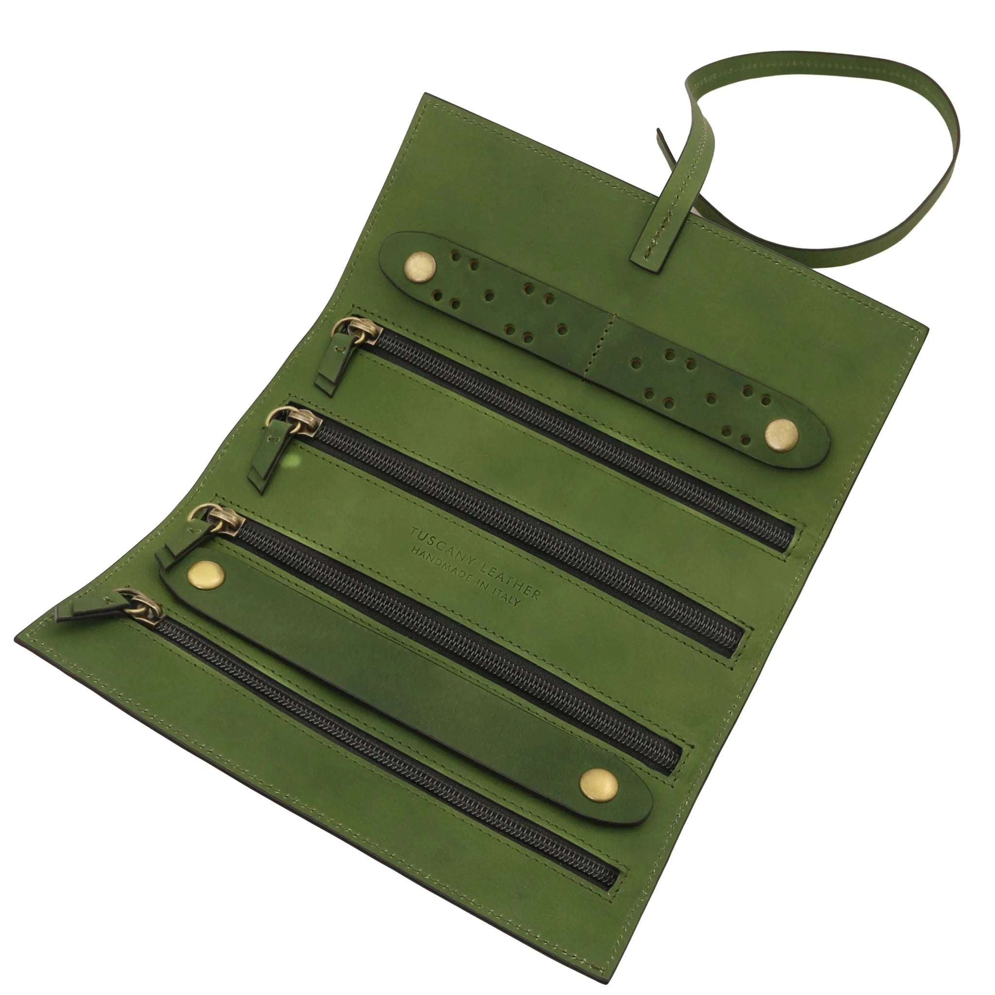 Interior view Structured Italian Leather Jewelry Case in green with black zippers