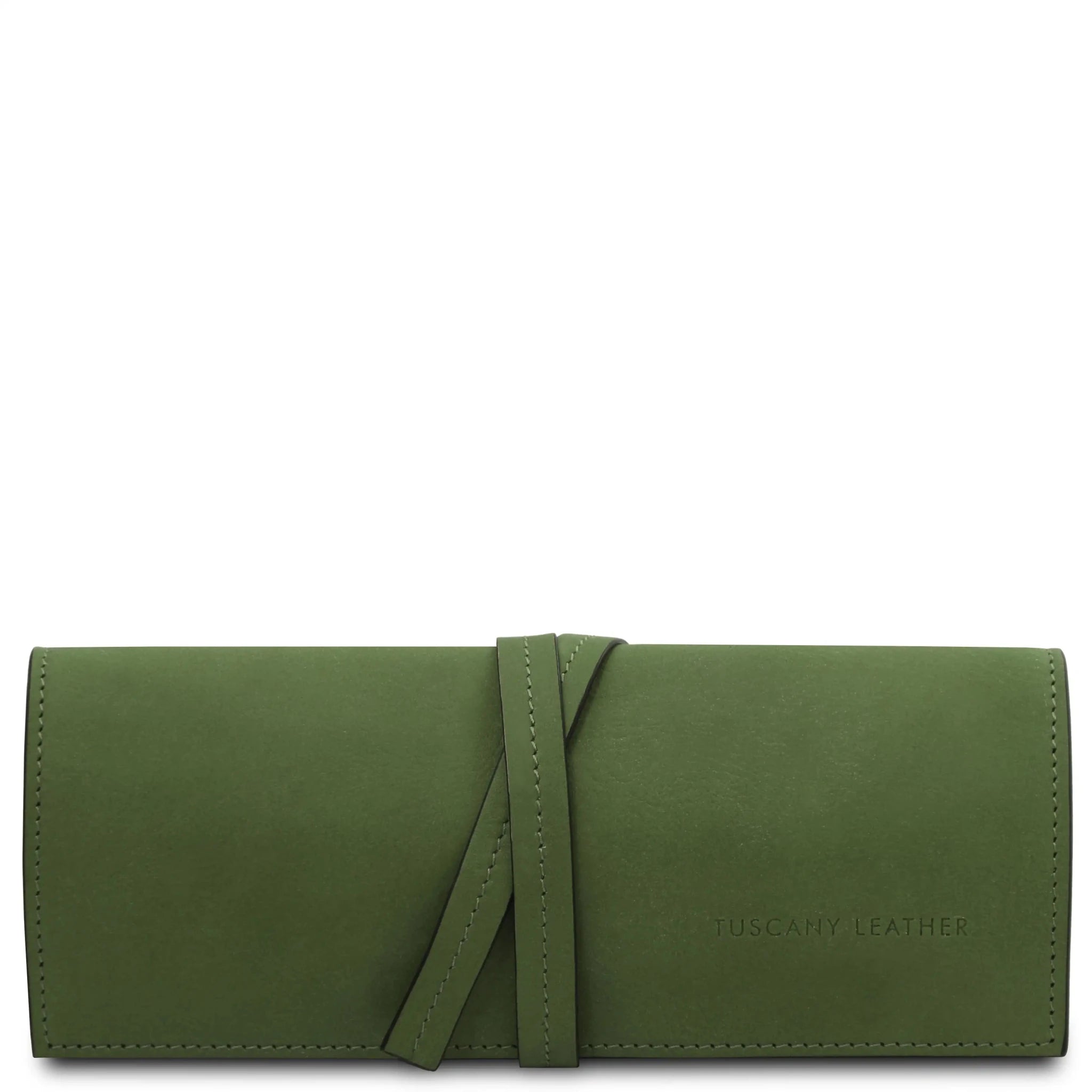 Front wrapped tie closure view Structured Italian Leather Jewelry Case in green