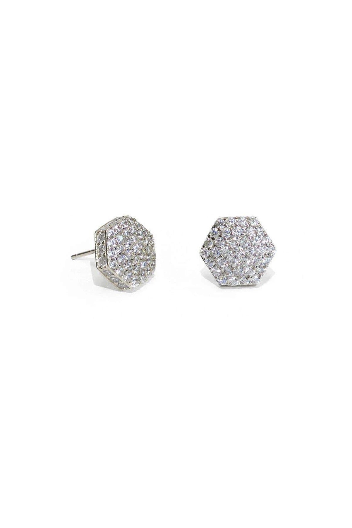 Stud Dazzle Pave Earrings in si;lver o a white background. The CZ's cover the front and sides of the earring.