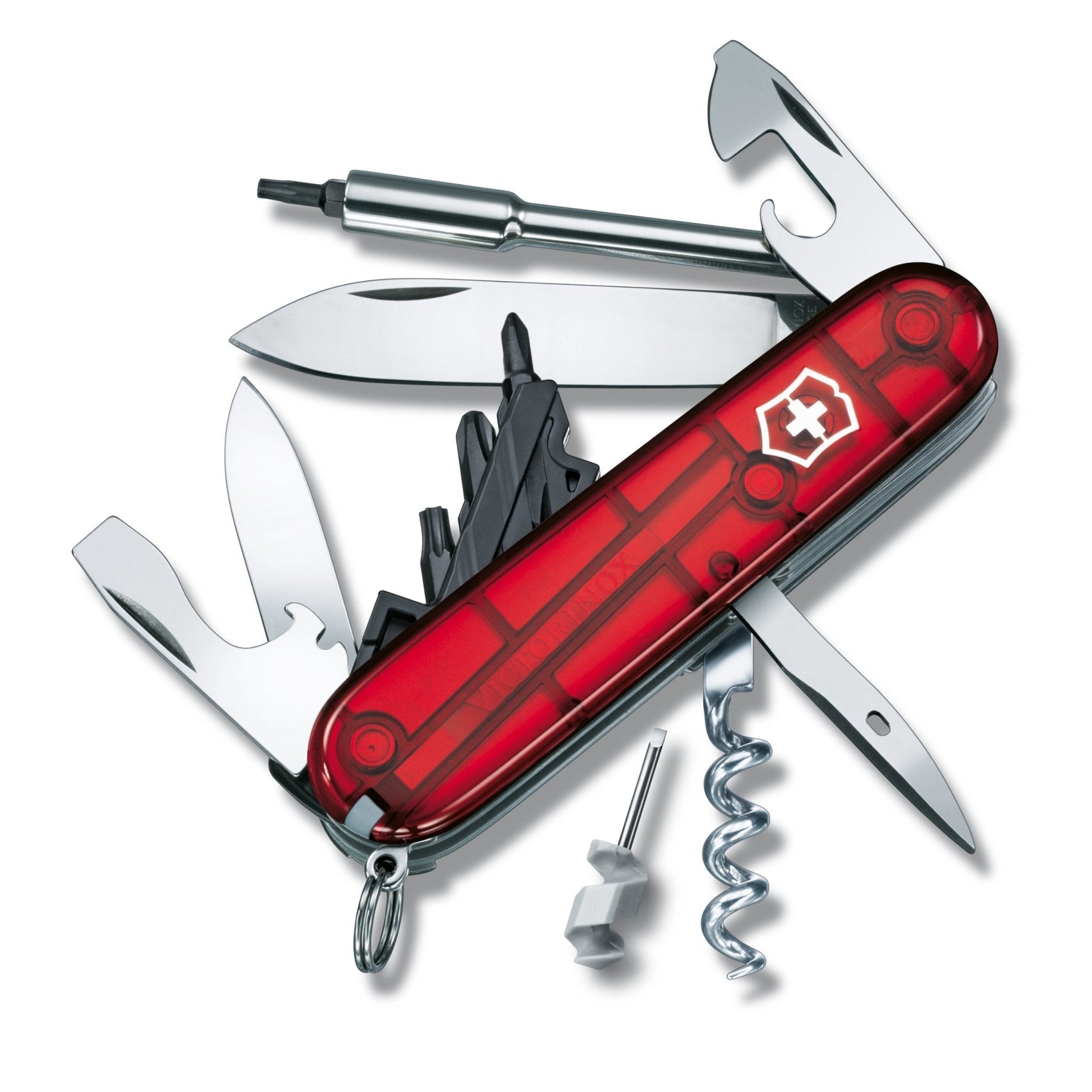 Swiss Cyber Tool with clear red case and Victorinox logo, opened with all of its tools on display set on a white background
