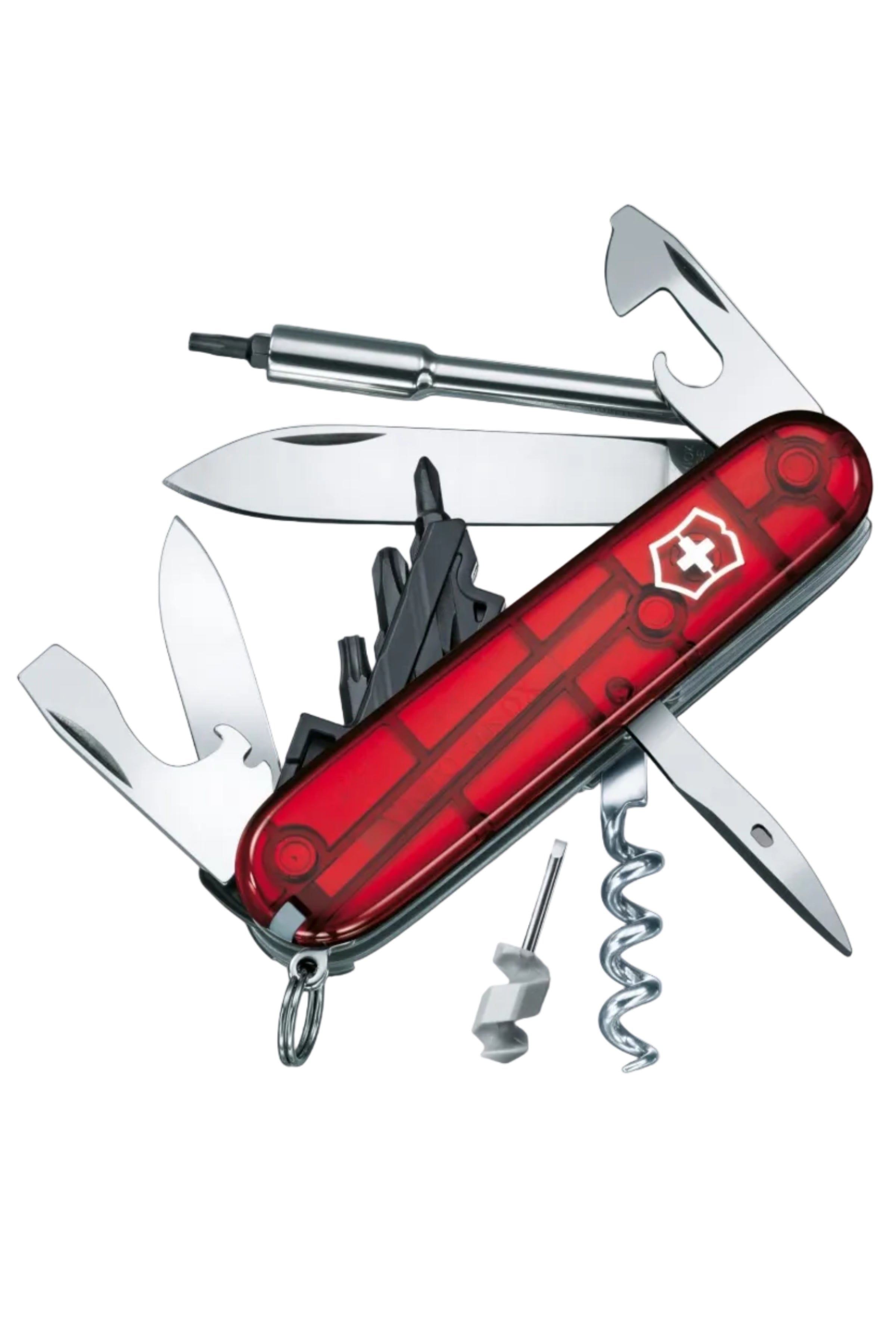 Swiss Cyber Tool with clear red case and Victorinox logo, opened with all tools on display