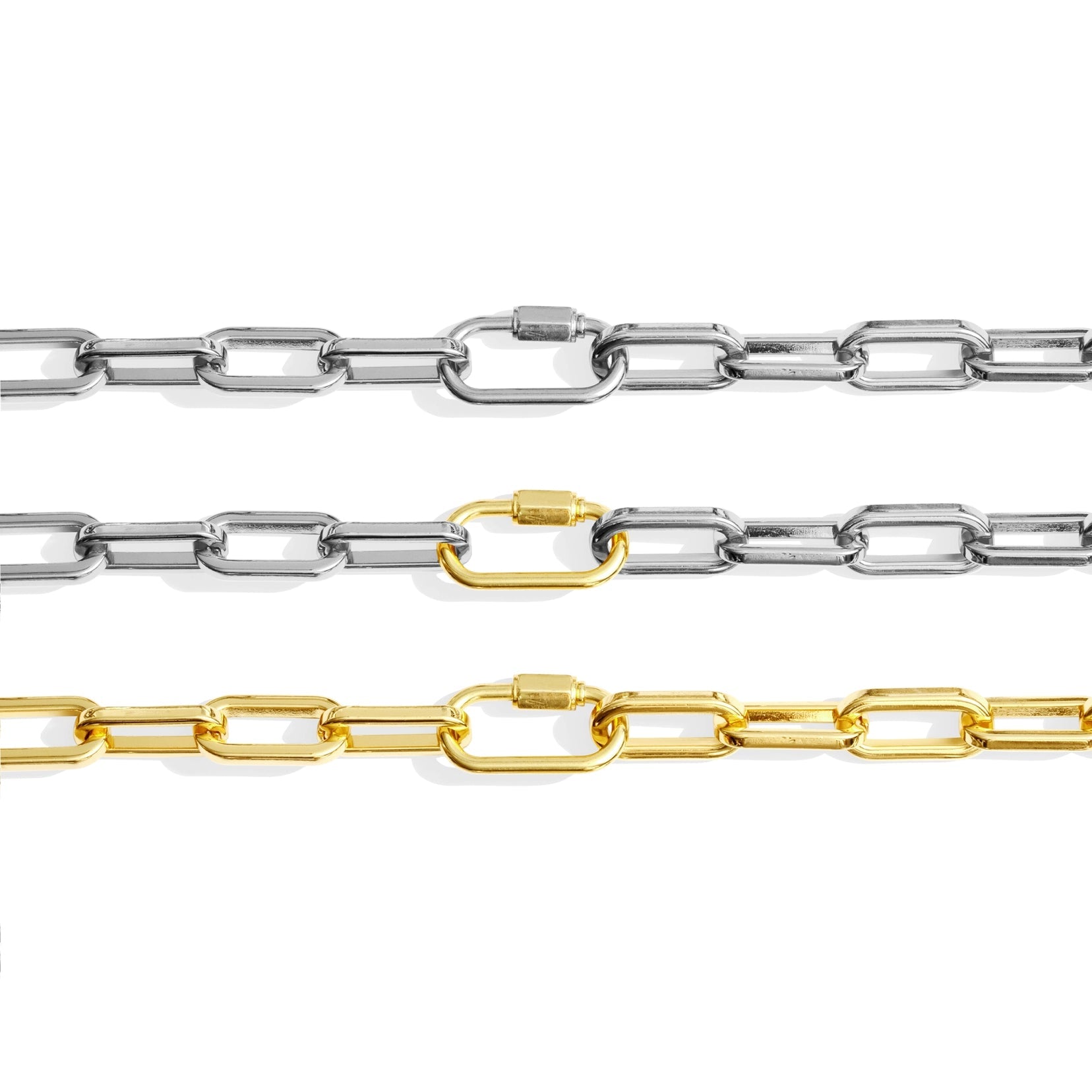 Tempe Chunky Cable Link Necklace in all three colors elongated clearly showing the carabiner closures