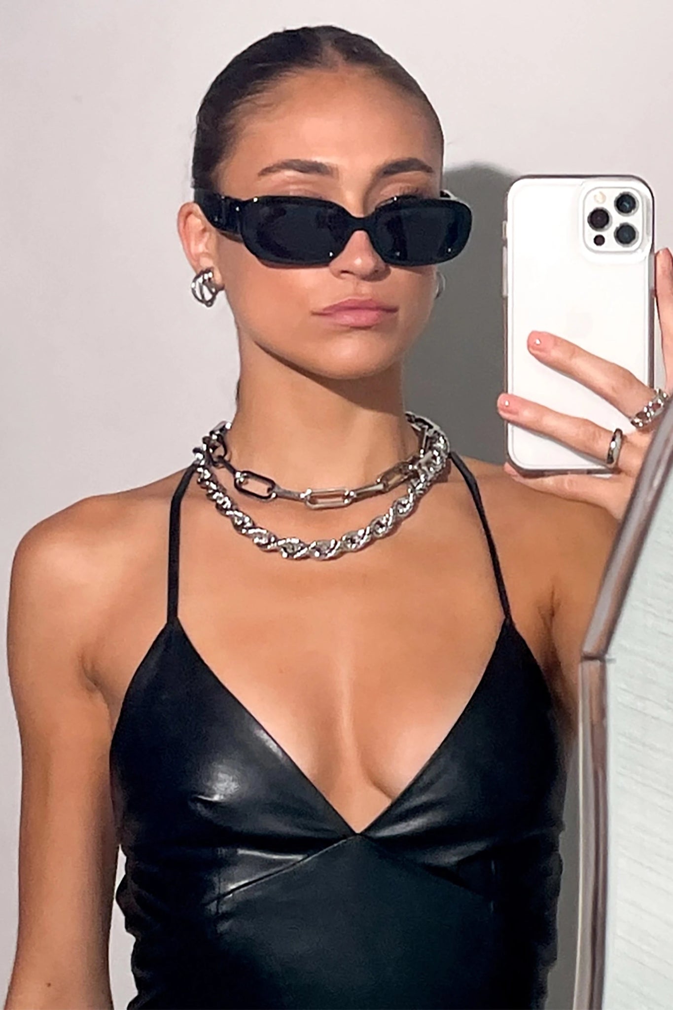 Tempe Chunky Cable Link Necklace in silver on model wearing a black leather strap dress