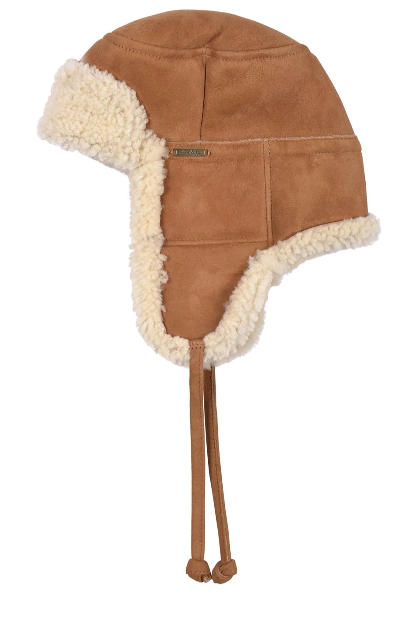 Side view Tie Trapper Sheepskin Ear Flap Hat in Brand Cream on a white background, ear flaps and ties shown