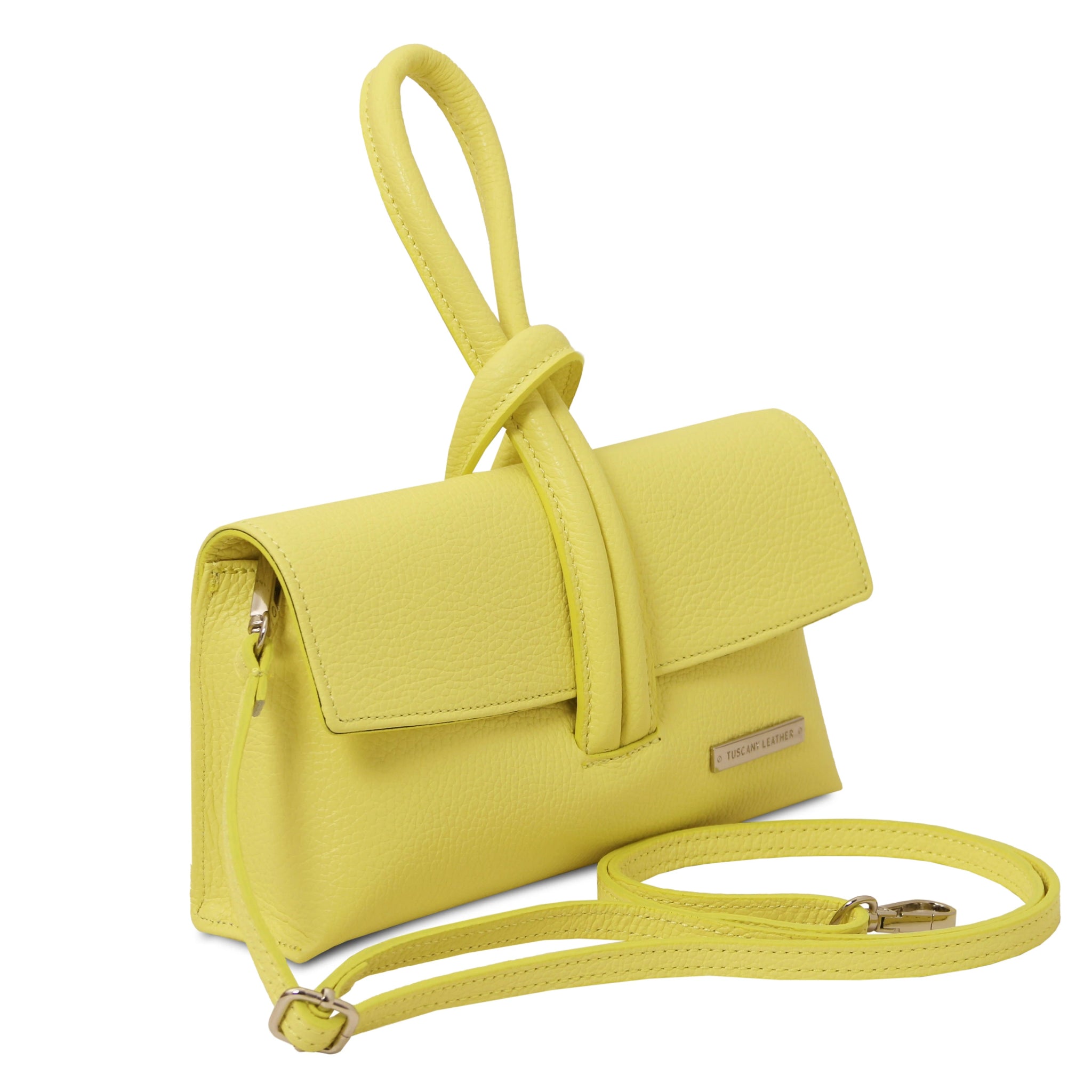 Front view TL Bag Italian Leather Clutch in Lime Yellow showing detachable shoulder strap