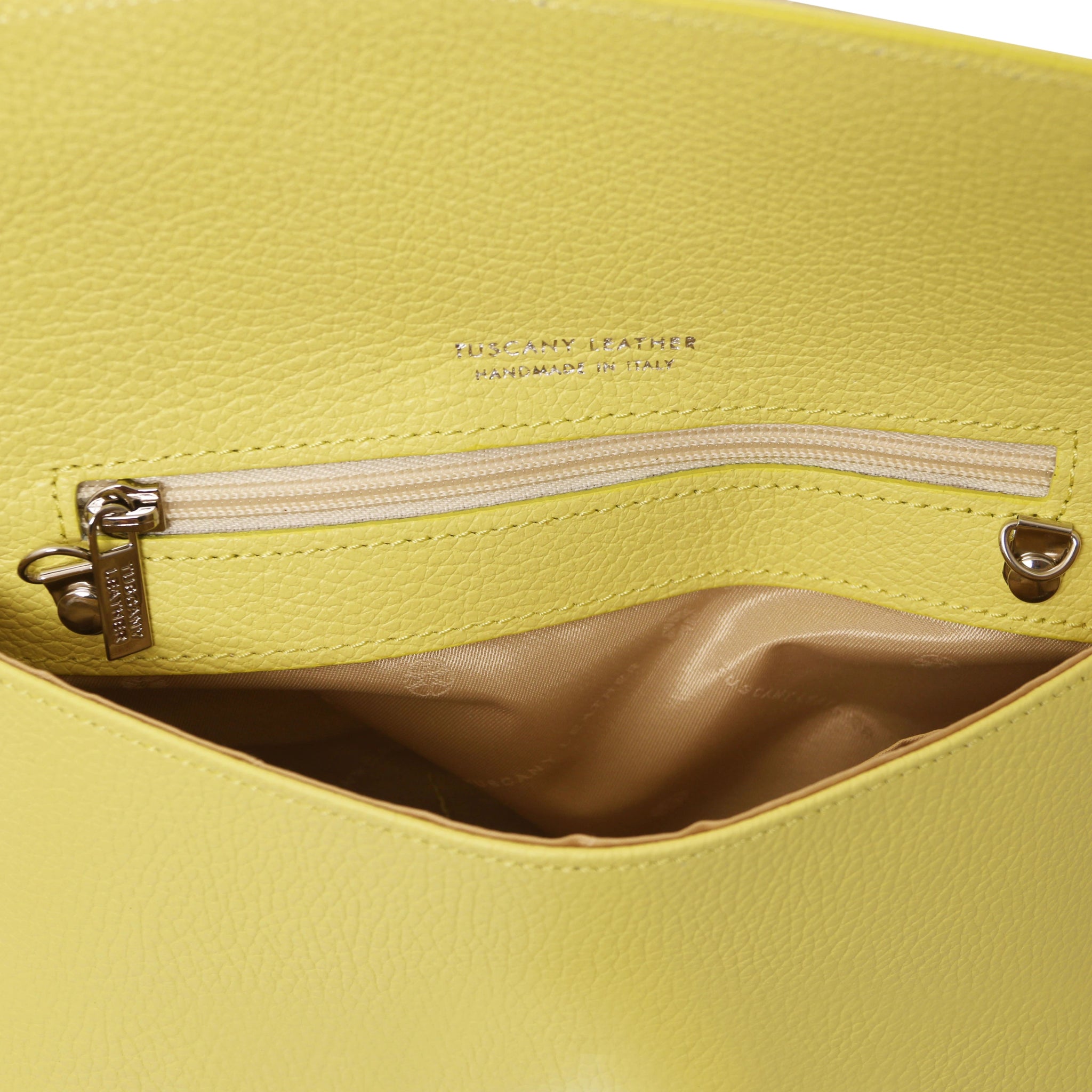 Interior view TL Bag Italian Leather Clutch in Lime Yellow zip pocket and beige lining