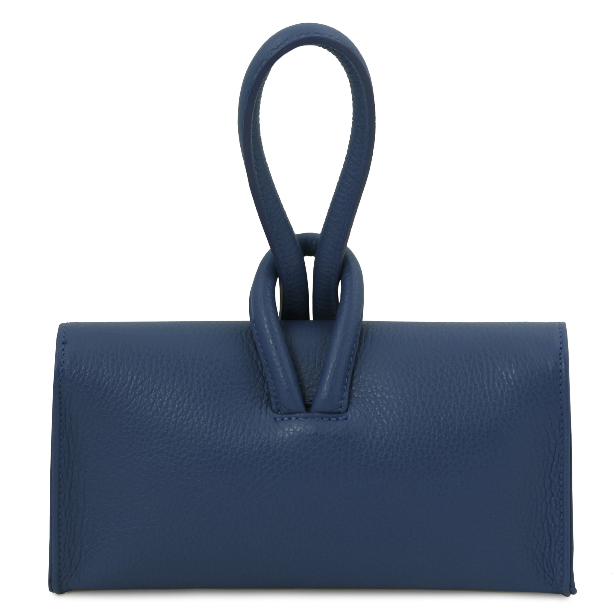 Back view TL Bag Leather Clutch in dark blue showing strap that passes through loop at top of bag converting into top handle