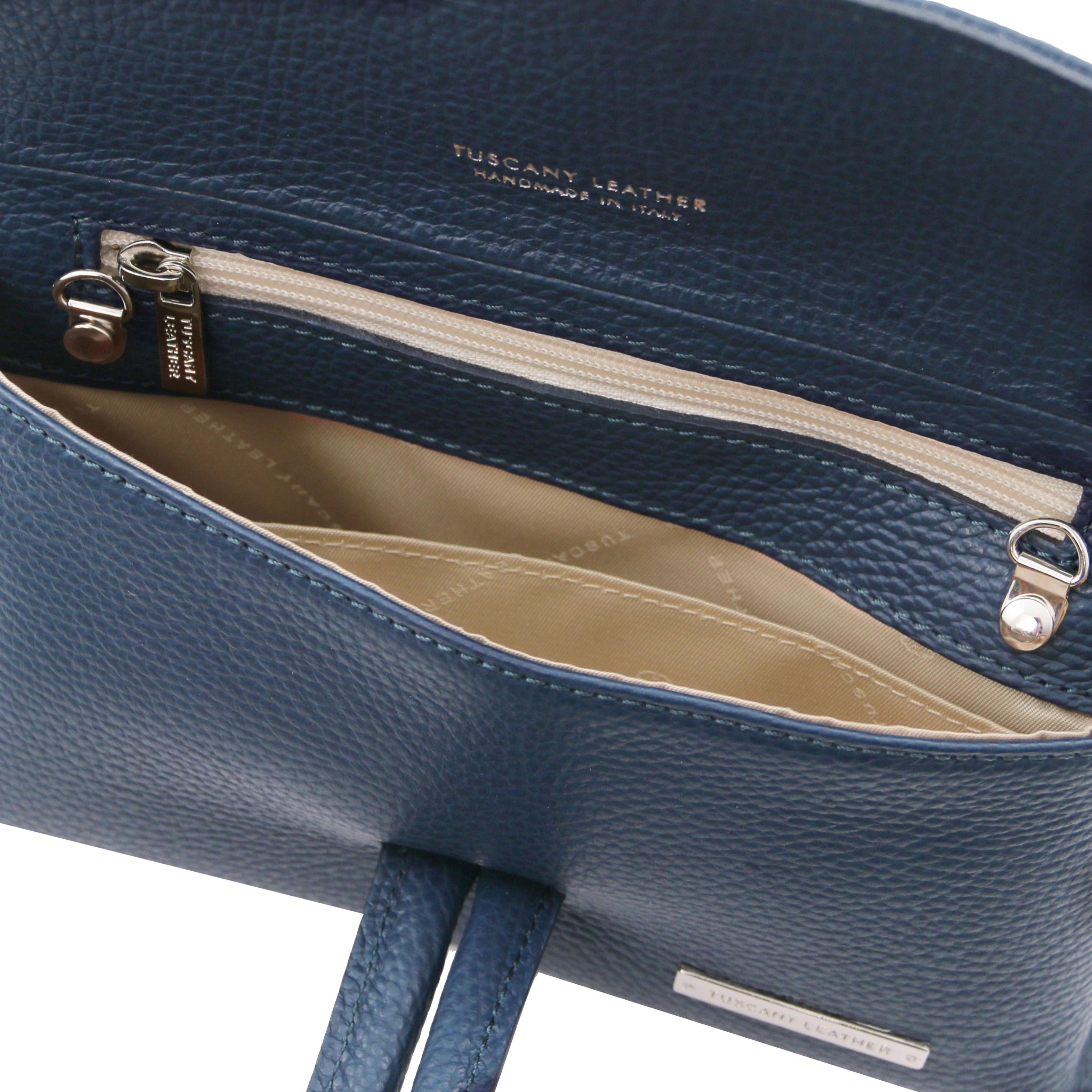 Interior view TL Bag Italian Leather Clutch in Dark Blue zip pocket and beige lining