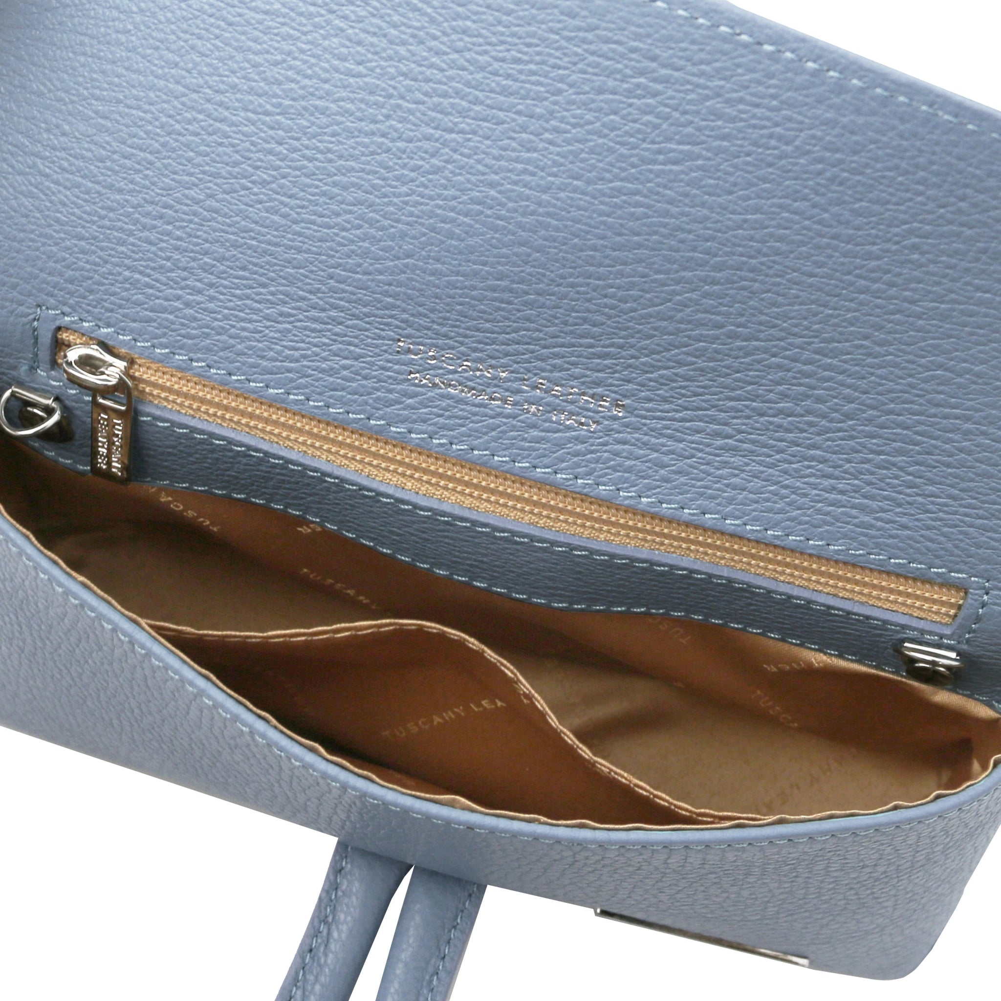 Interior view TL Bag Italian Leather Clutch in Light Blue zip pocket and beige lining