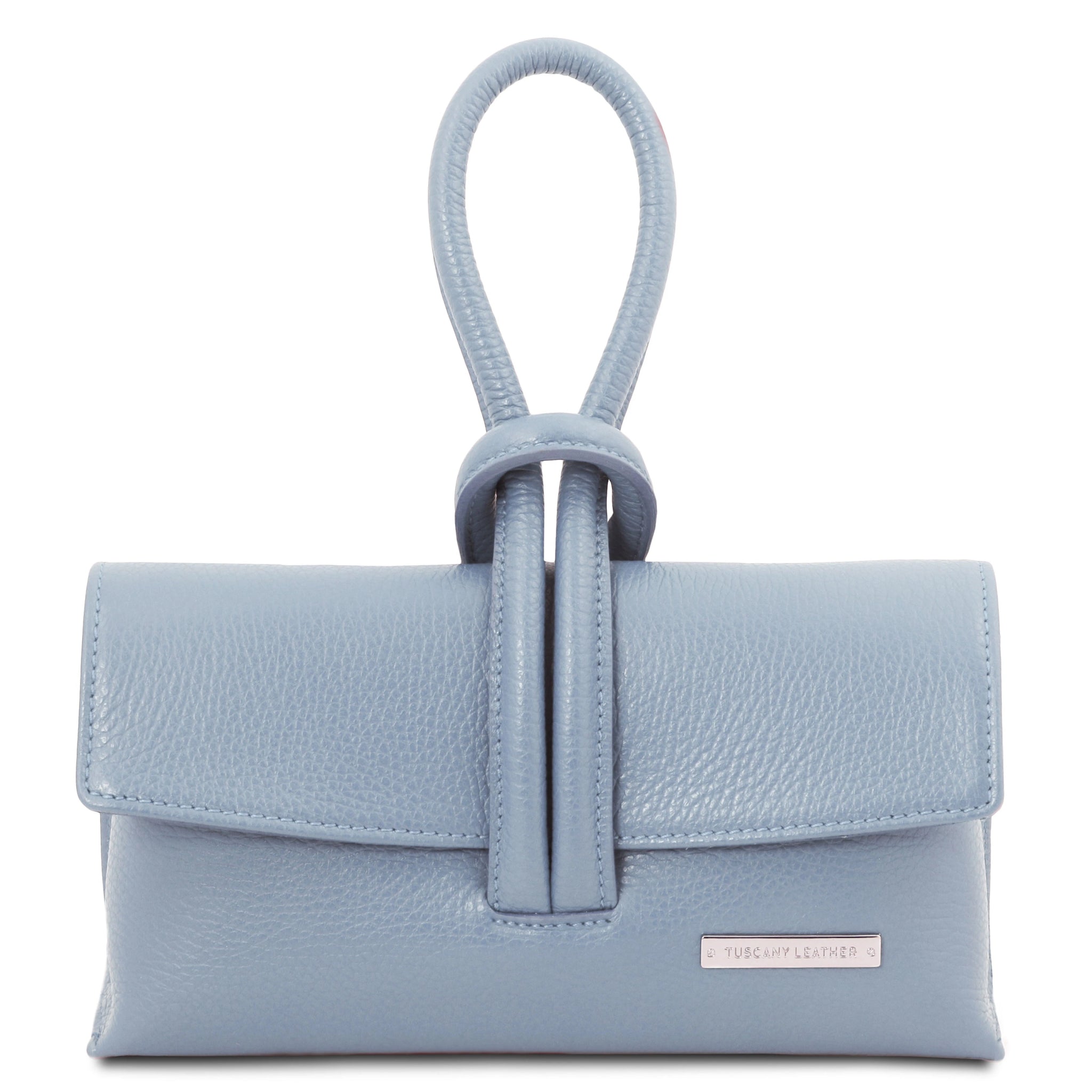 Front view TL Bag Italian Leather Clutch in Light Blue on a white background