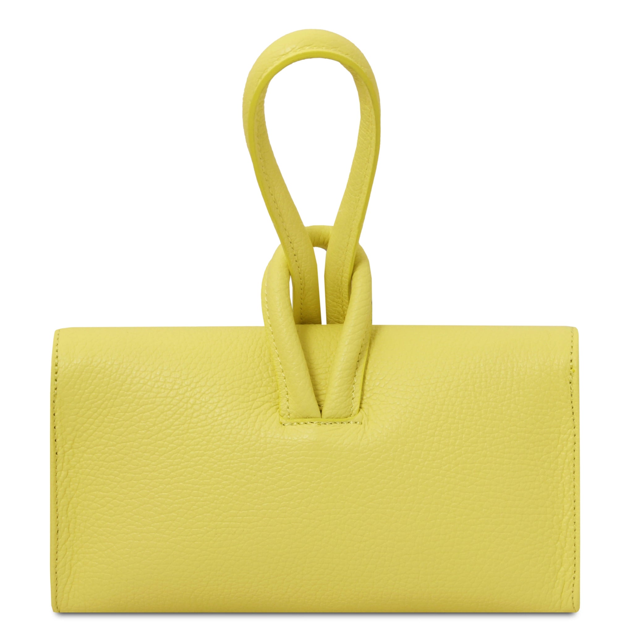 Back view TL Bag Leather Clutch in light lime yellow showing strap that passes through loop at top of bag converting into top handle