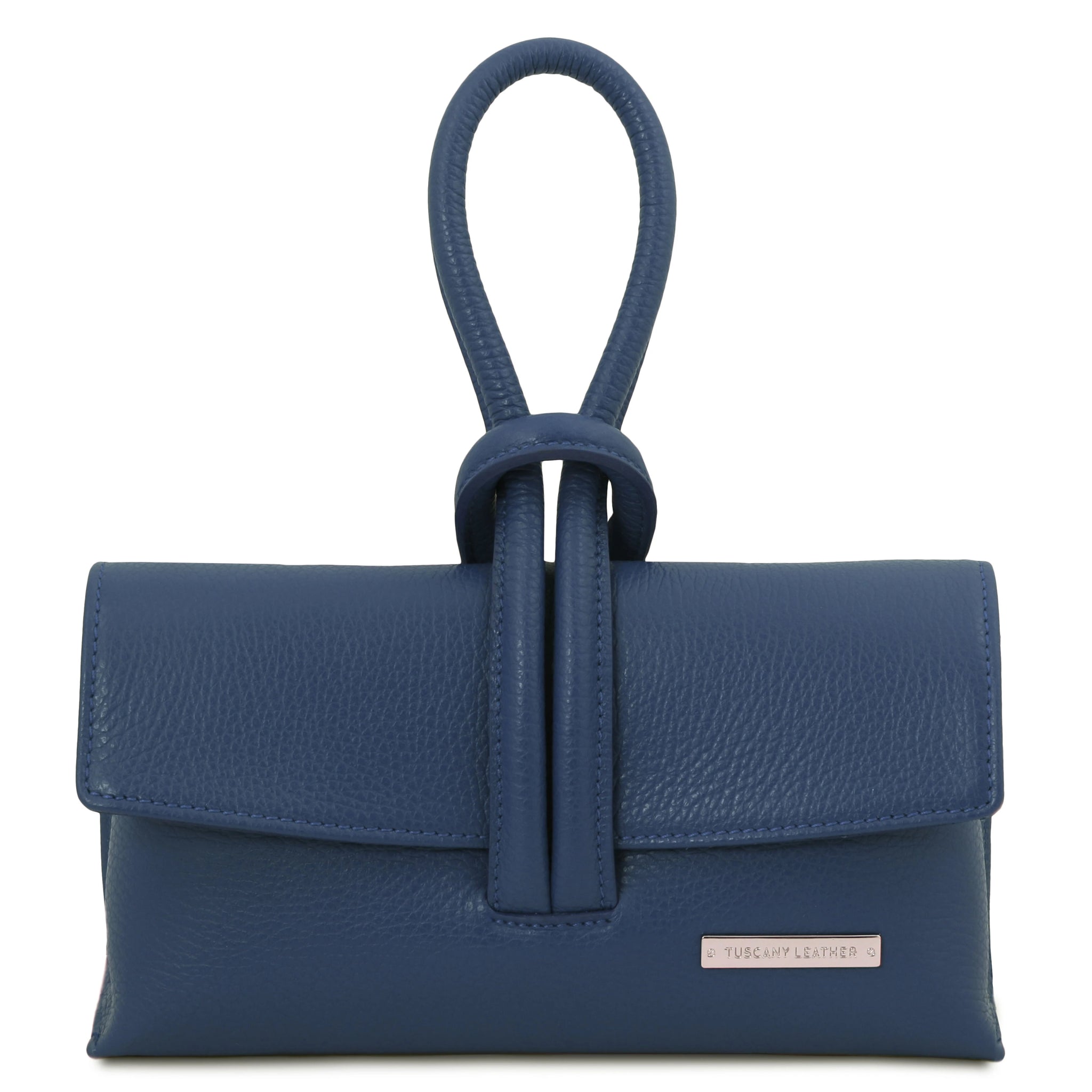 Front view TL Bag Italian Leather Clutch in Dark Blue on a white background