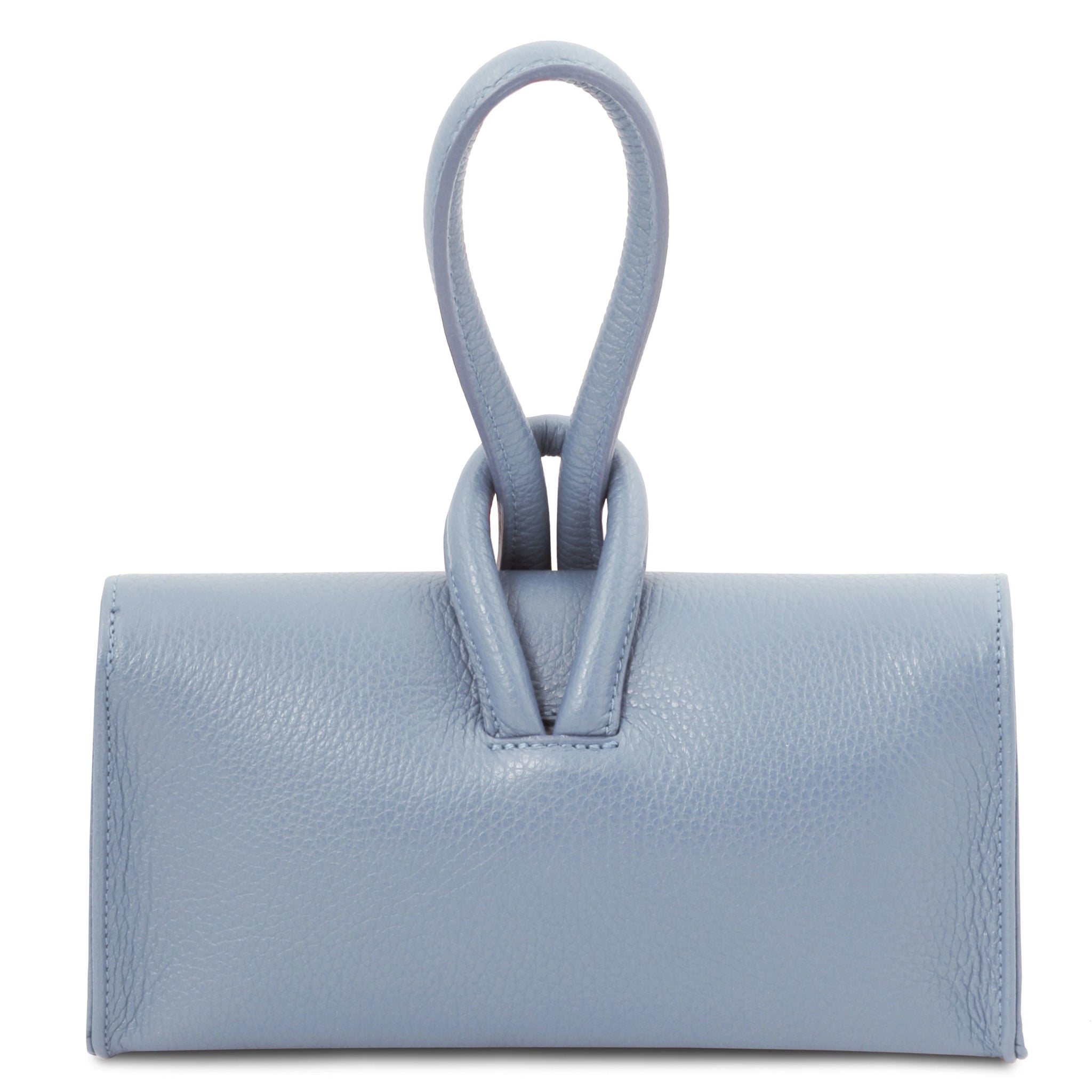 Back view TL Bag Leather Clutch in light blue showing strap that passes through loop at top of bag converting into top handle