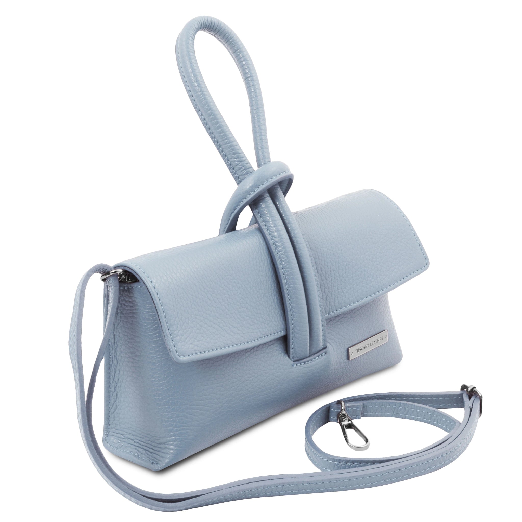 Front view TL Bag Italian Leather Clutch in Light Blue showing detachable shoulder strap