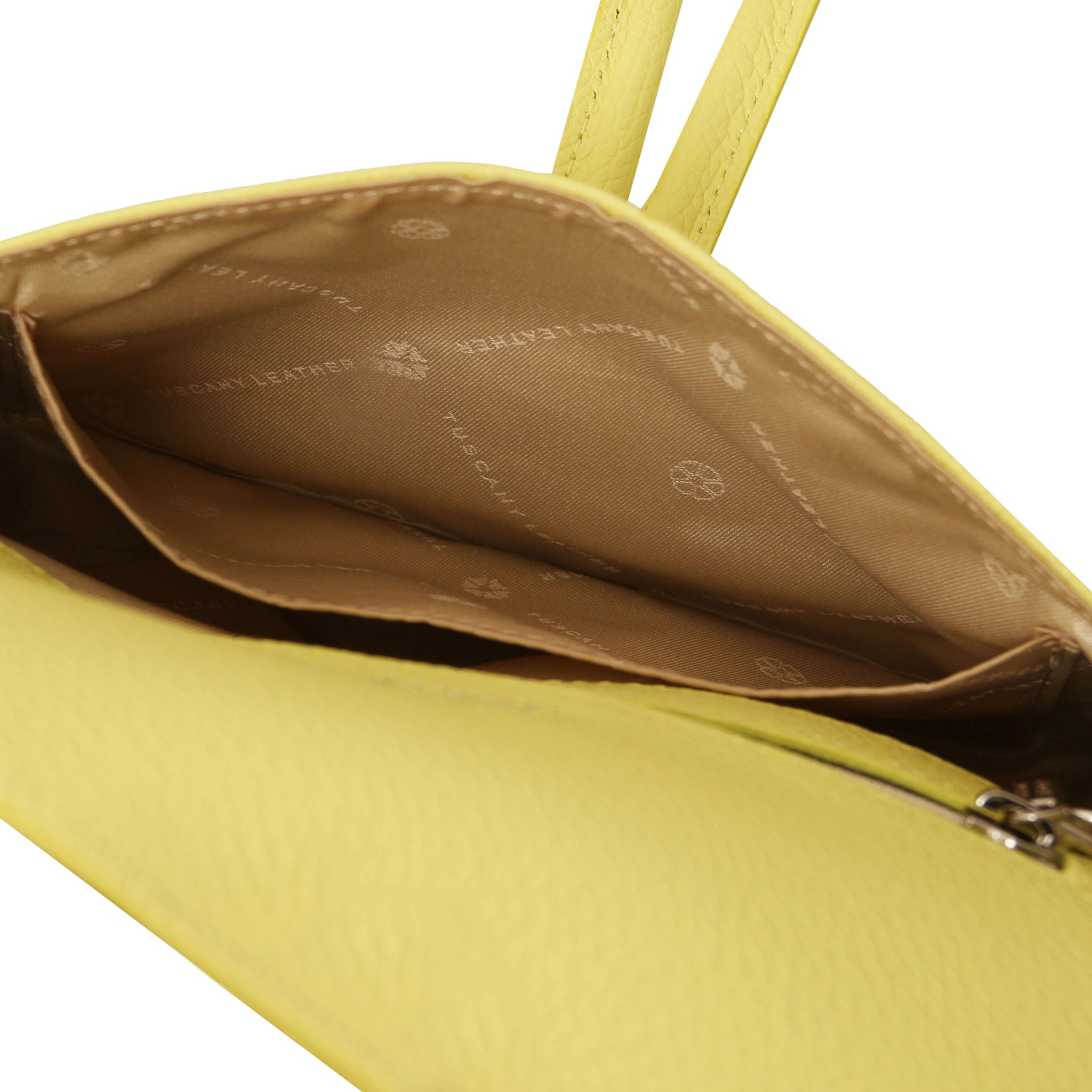 Interior view TL Bag Italian Leather Clutch in Lime Yellow open pocket and beige lining