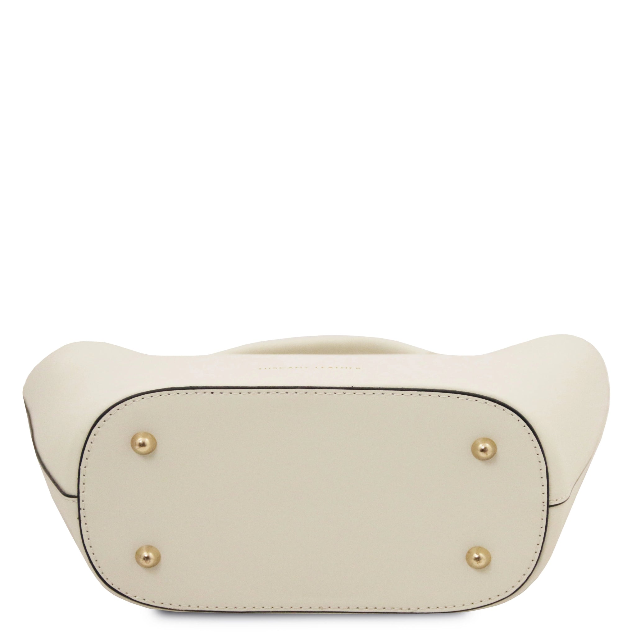 TL Bag Italian Leather Handbag in White bottom view showing four gold protective feet