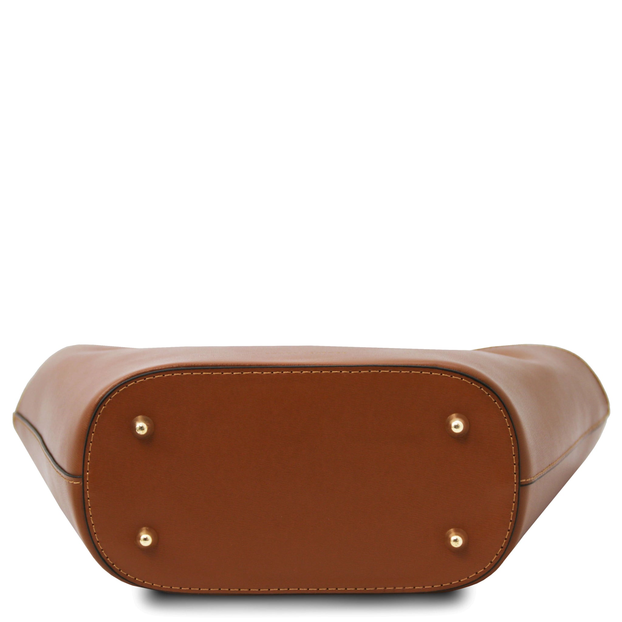 TL Bag Italian Leather Handbag in Cognac bottom view showing four gold protective feet
