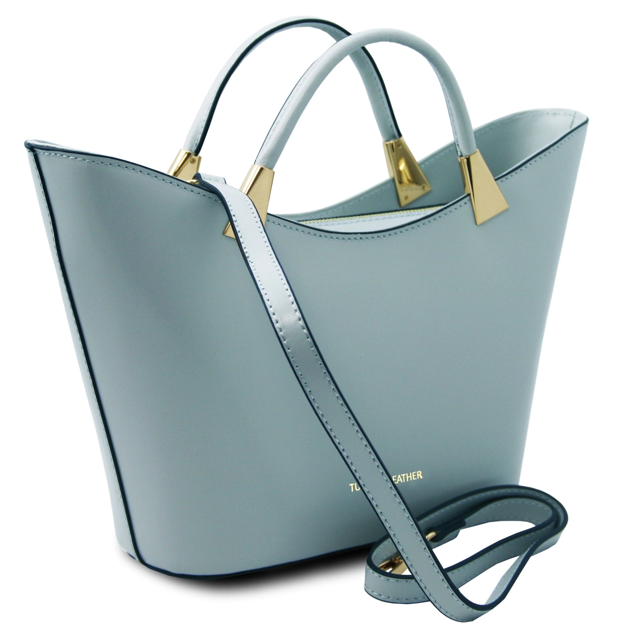 TL Bag Italian Leather Handbag in Light Blue front view on a white background showing detachable shoulder strap