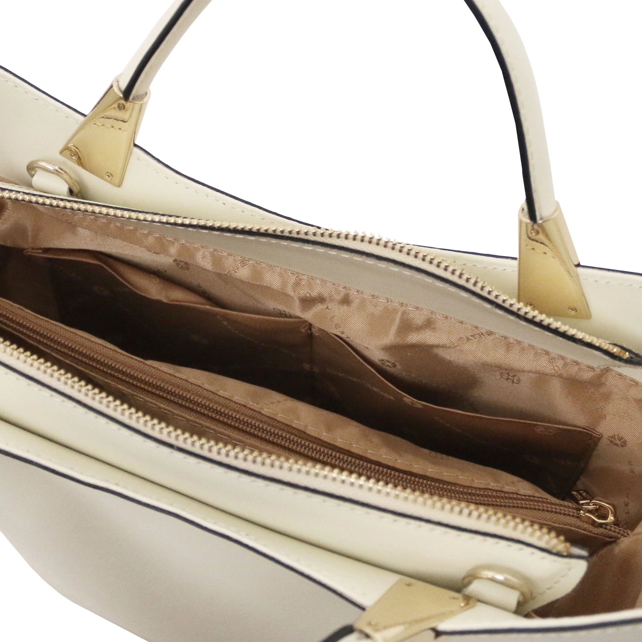 TL Bag Italian Leather Handbag in White interior view showing centered zippered, beige lining, compartment and open pockets