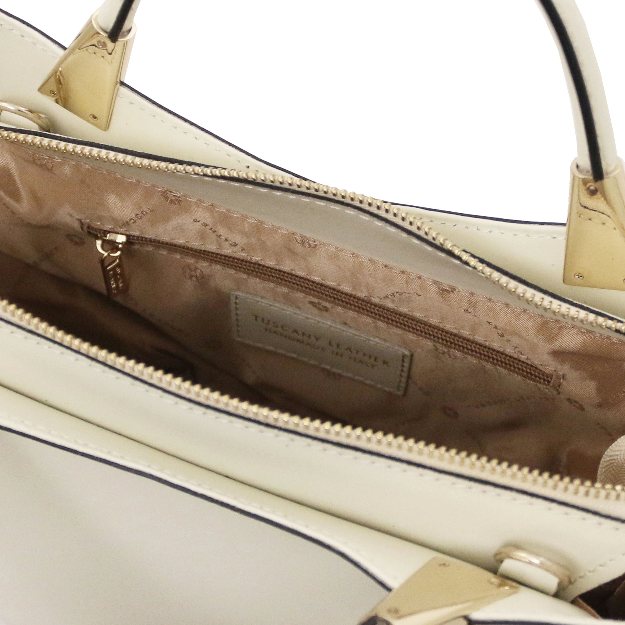 TL Bag Italian Leather Handbag in White interior view showing centered zippered compartment, beige lining and zippered pocket