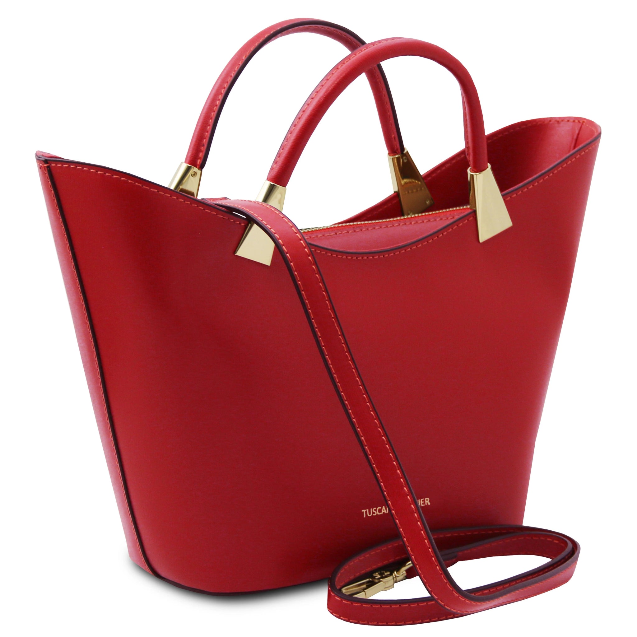 TL Bag Italian Leather Handbag in Lipstick red front view on a white background showing detachable shoulder strap