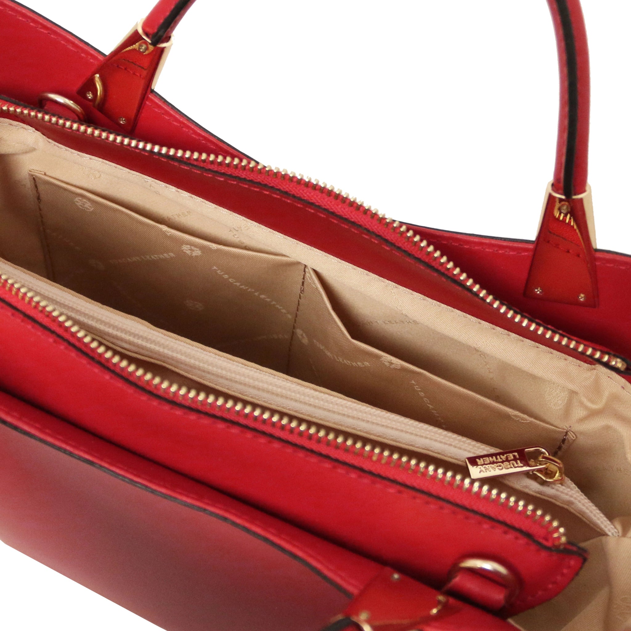 TL Bag Italian Leather Handbag in Red interior view showing centered zippered compartment, beige lining and open pockets